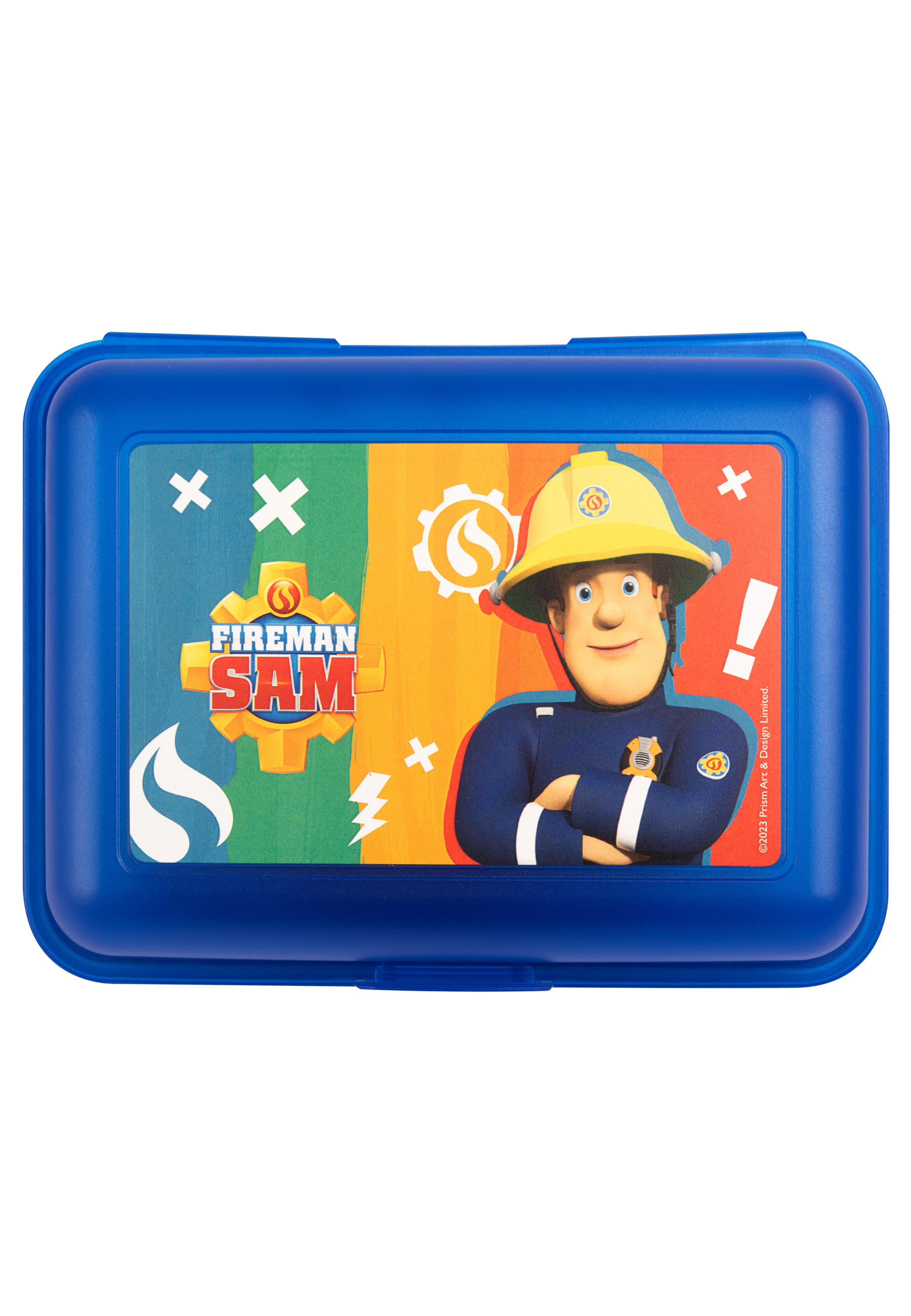 Eine blaue Brotdose mit Feuerwehrmann Sam mit buntem Hintergrund.