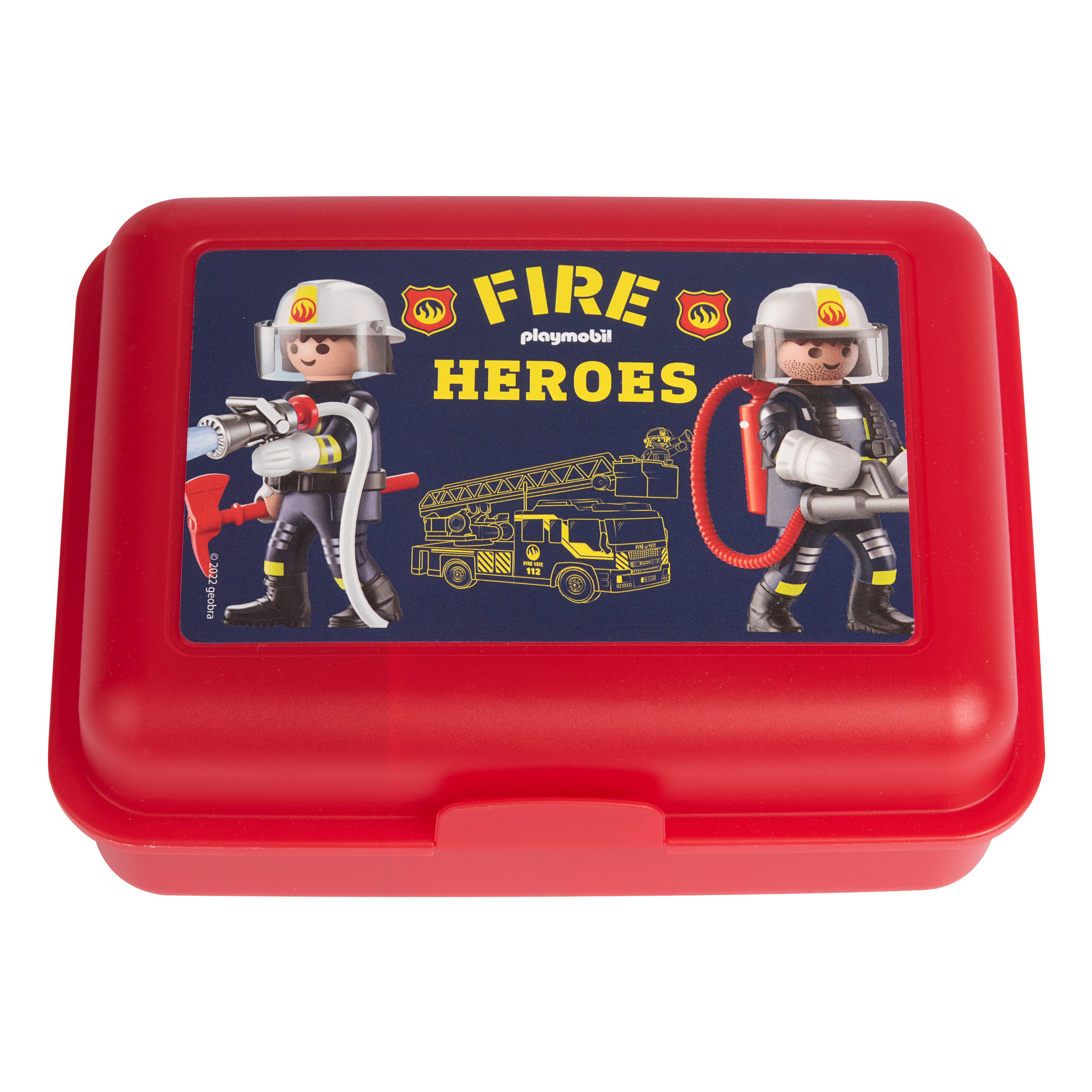 Eine rote Brotdose mit Illustrationen von Feuerwehrleuten und einem Feuerwehrauto, mit Text.