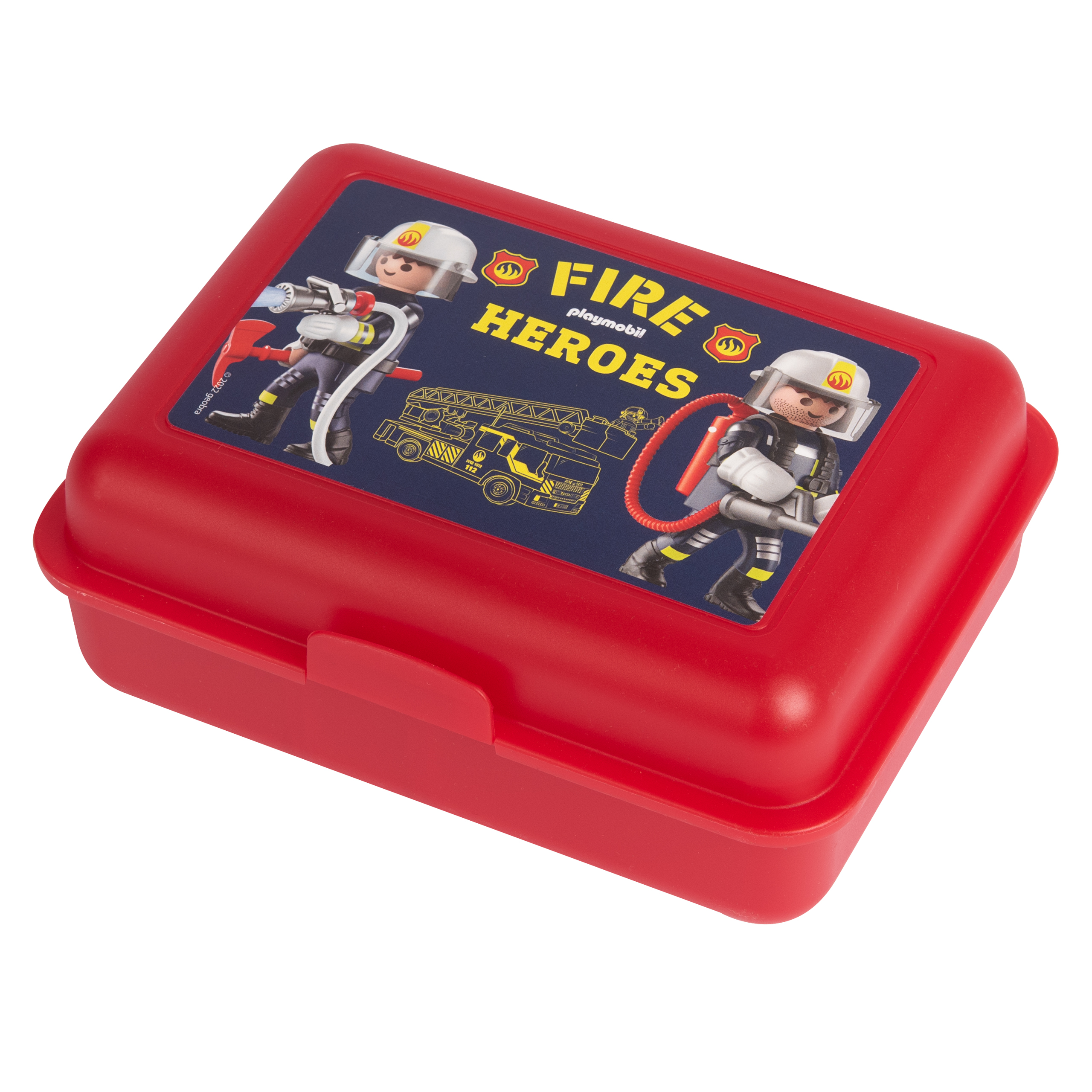 Rote Brotdose mit den Worten 'Fire Heroes' und Illustrationen von Feuerwehrleuten. Die Box ist geschlossen.