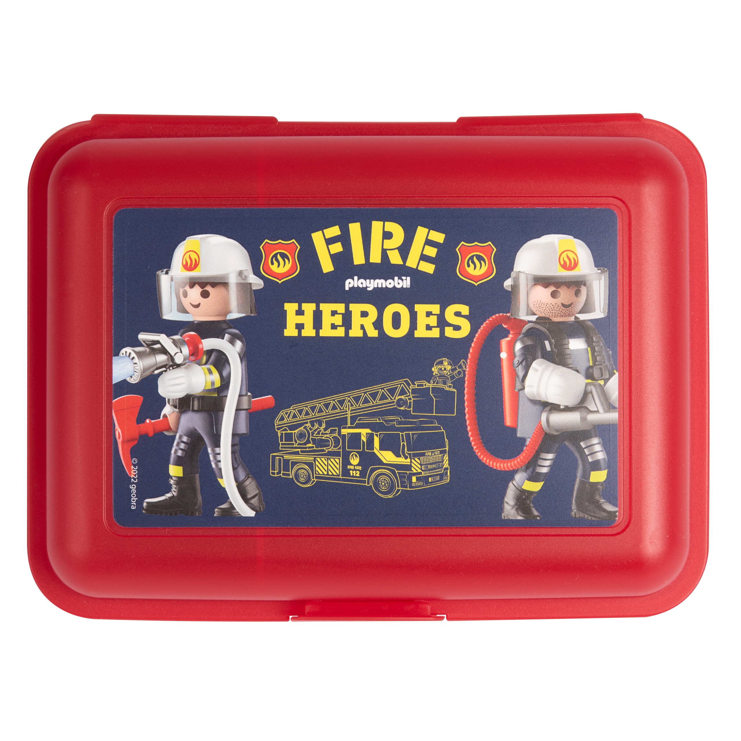 Rote Brotdose mit einer Feuerwache-Szene. Zwei Feuerwehrmänner sind auf dem Deckel.