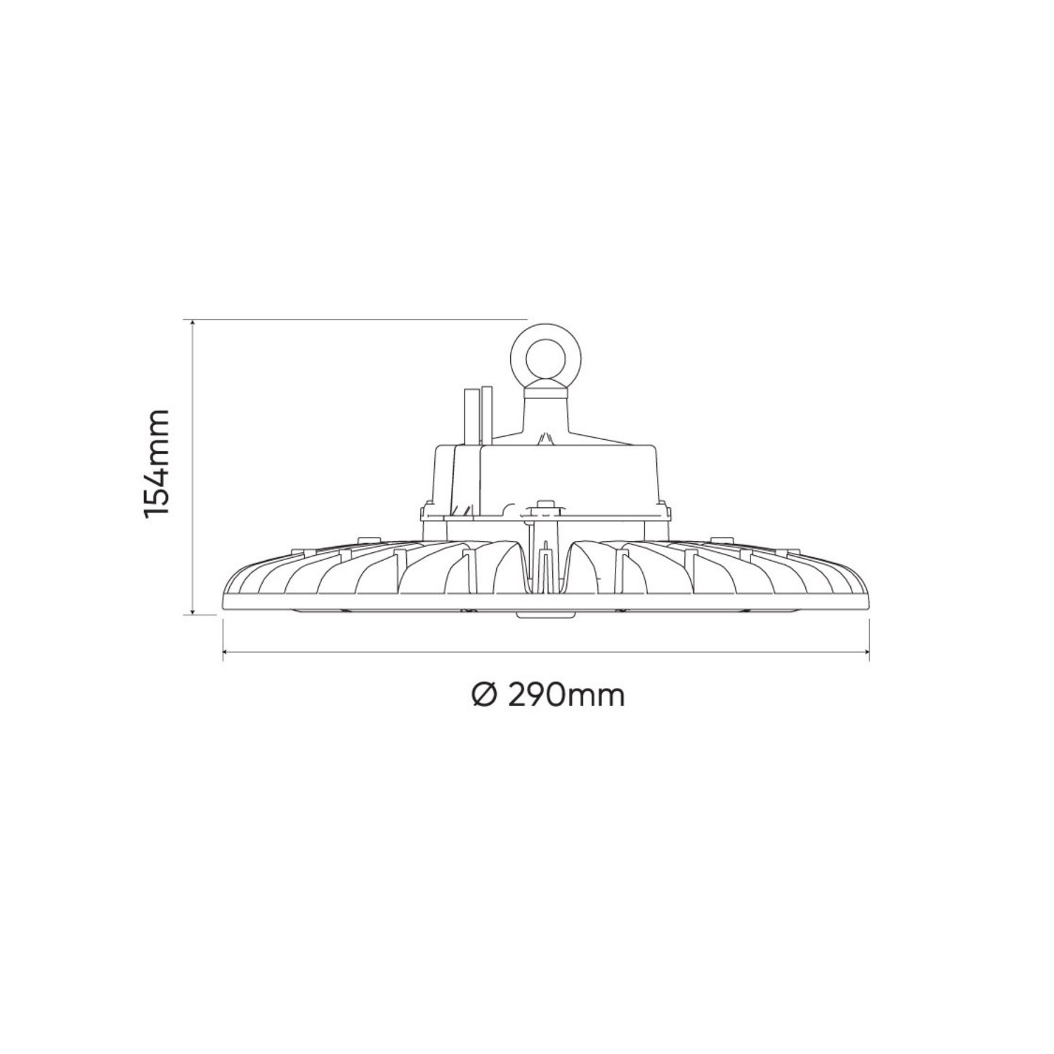 Schwarz-weiß-Diagramm einer runden Industrielichtanlage, mit Beschriftung der Abmessungen.