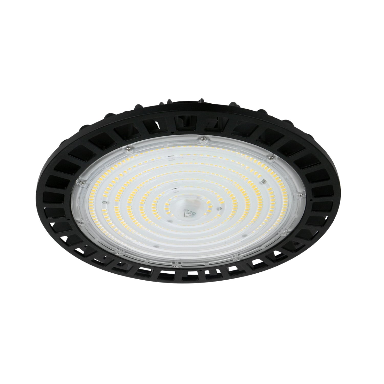 Runde schwarze LED-Leuchte mit weißer Mitte und schwarzem Rahmen. Das Licht ist eingeschaltet.