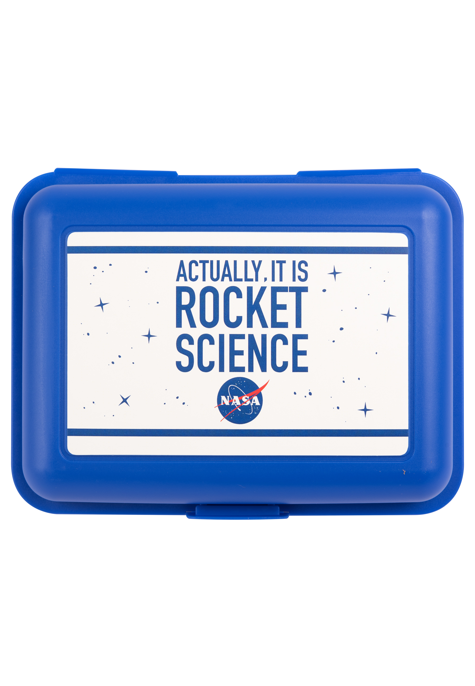 Eine blaue Lunchbox mit NASA- und Rocket-Science-Text. Weiße und blaue Farben sind sichtbar.