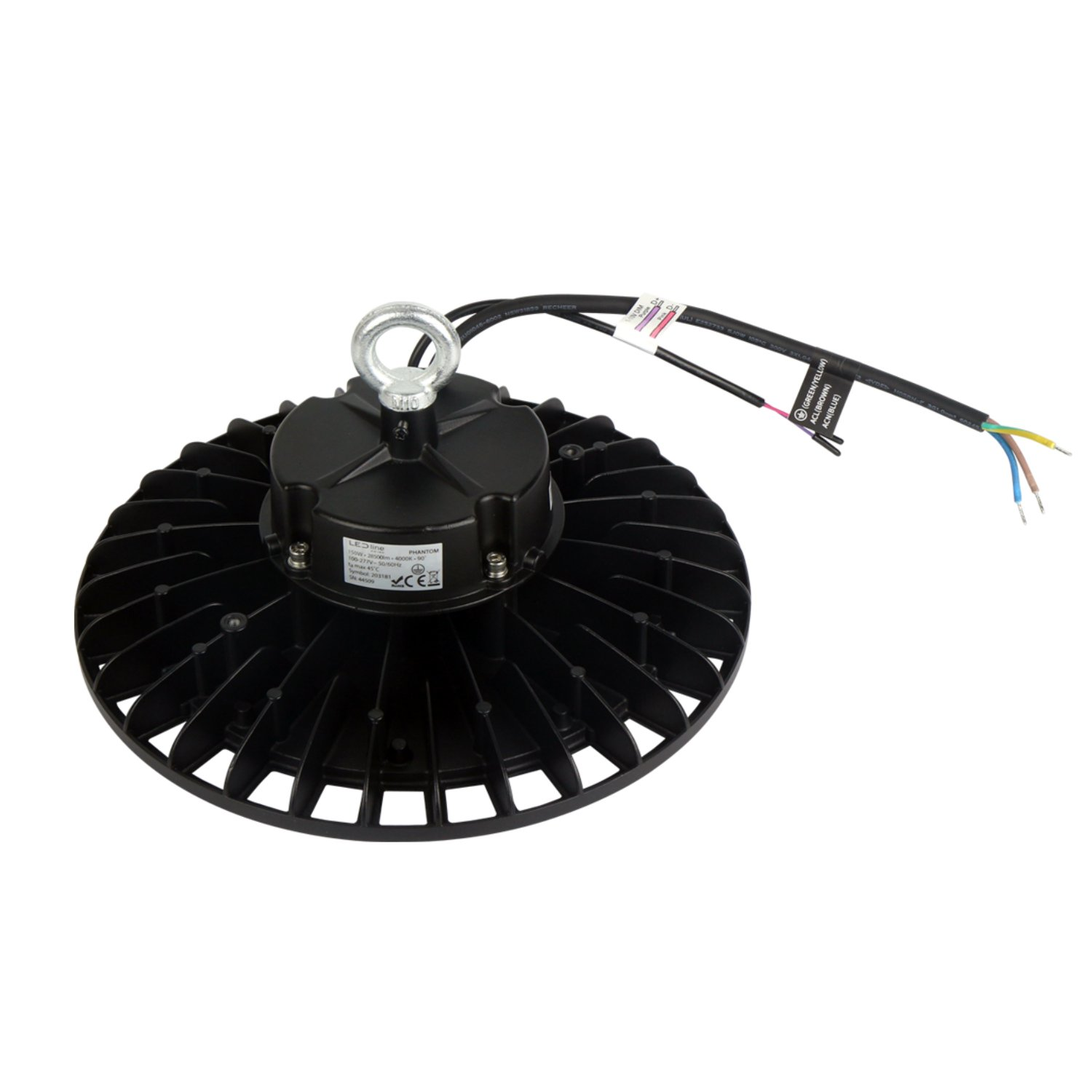 Eine schwarze, kreisförmige LED-Leuchte mit einem Hängekabel und Drähten.