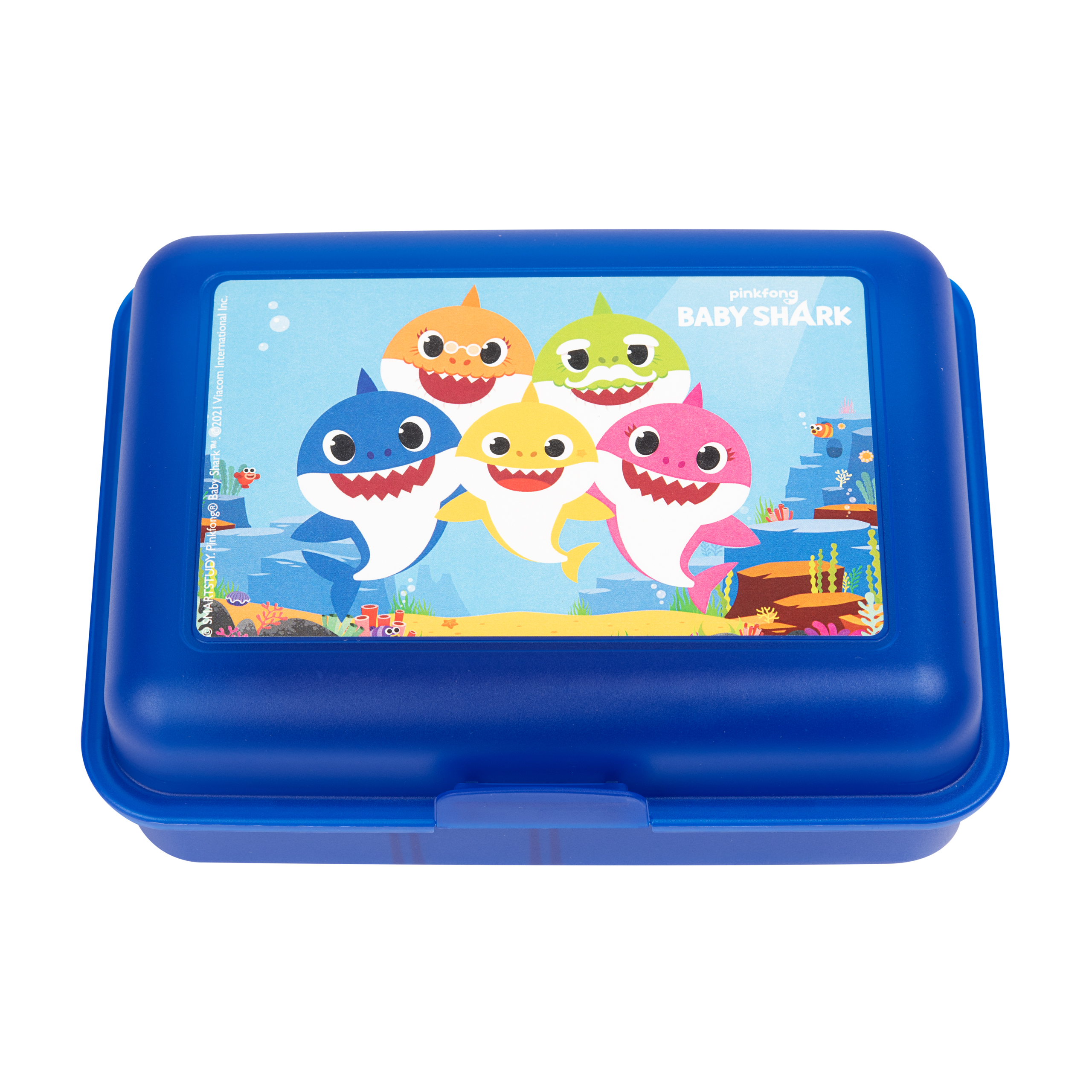 Eine blaue Brotdose mit einem Cartoon-Bild von Baby Shark-Figuren auf dem Deckel.