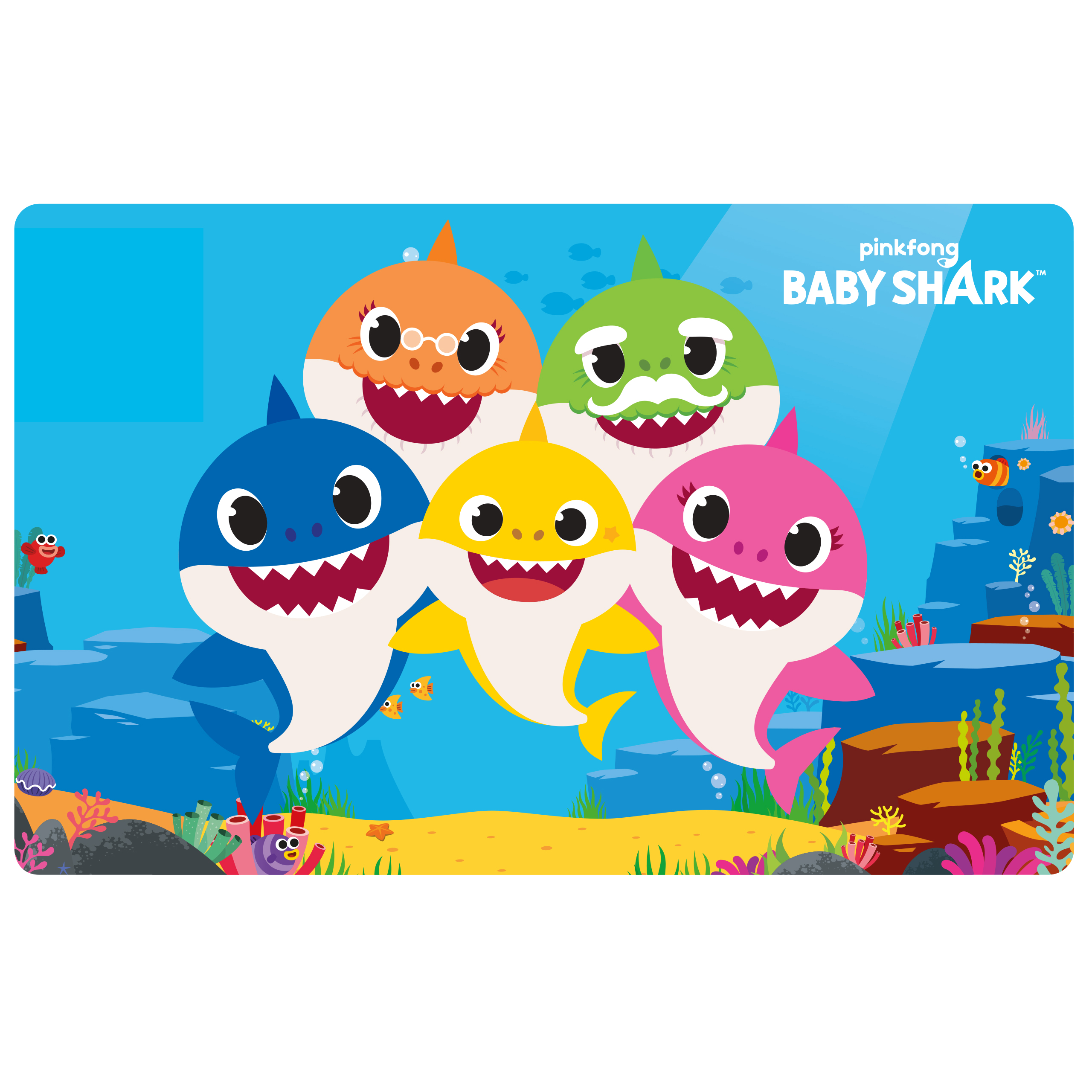 Baby Shark Charaktere auf blauem Hintergrund mit Sandstrand.