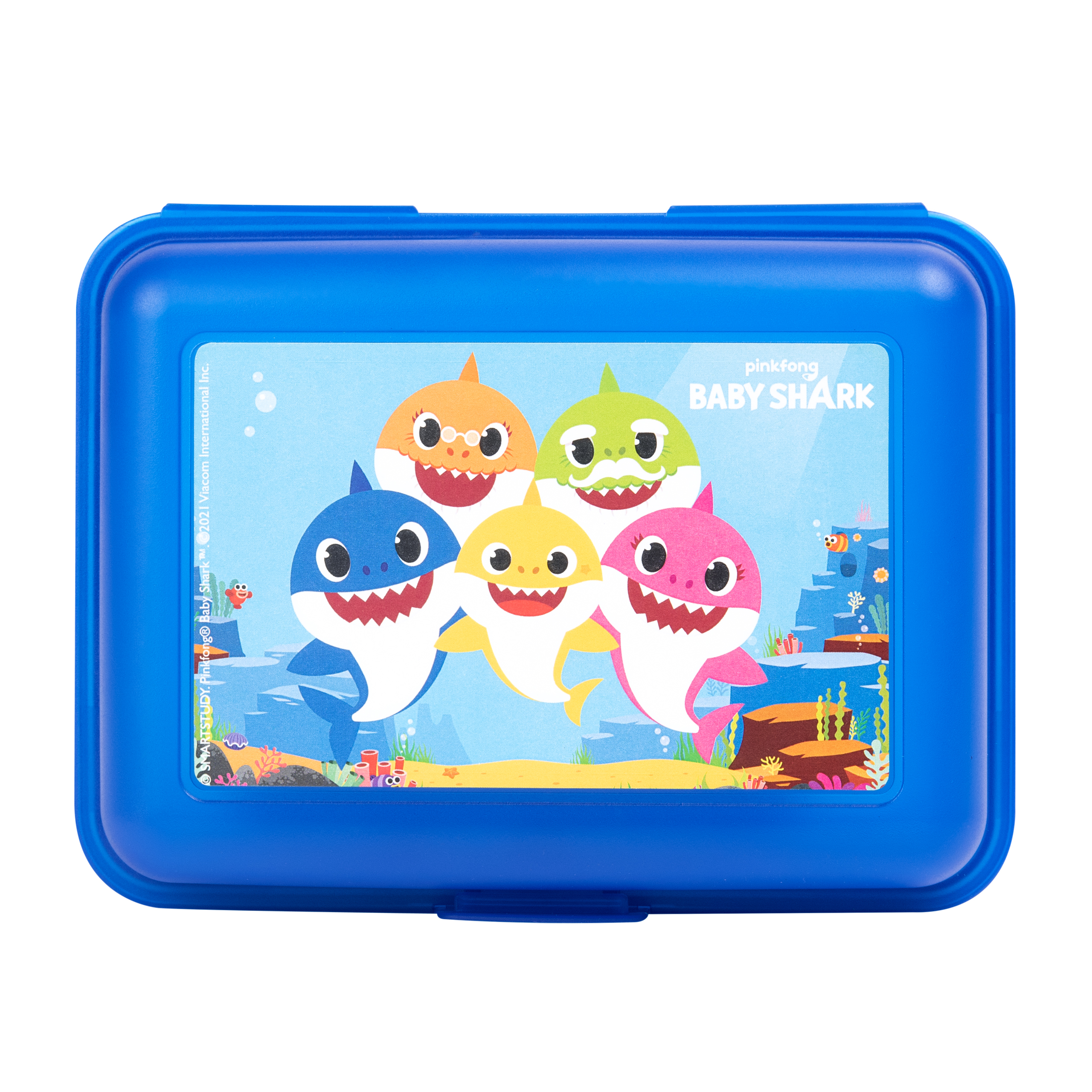 Eine blaue Baby Shark Brotdose mit verschiedenen Cartoon-Haien auf dem Deckel. Die Wörter 'BABY SHARK' stehen auf der Box.