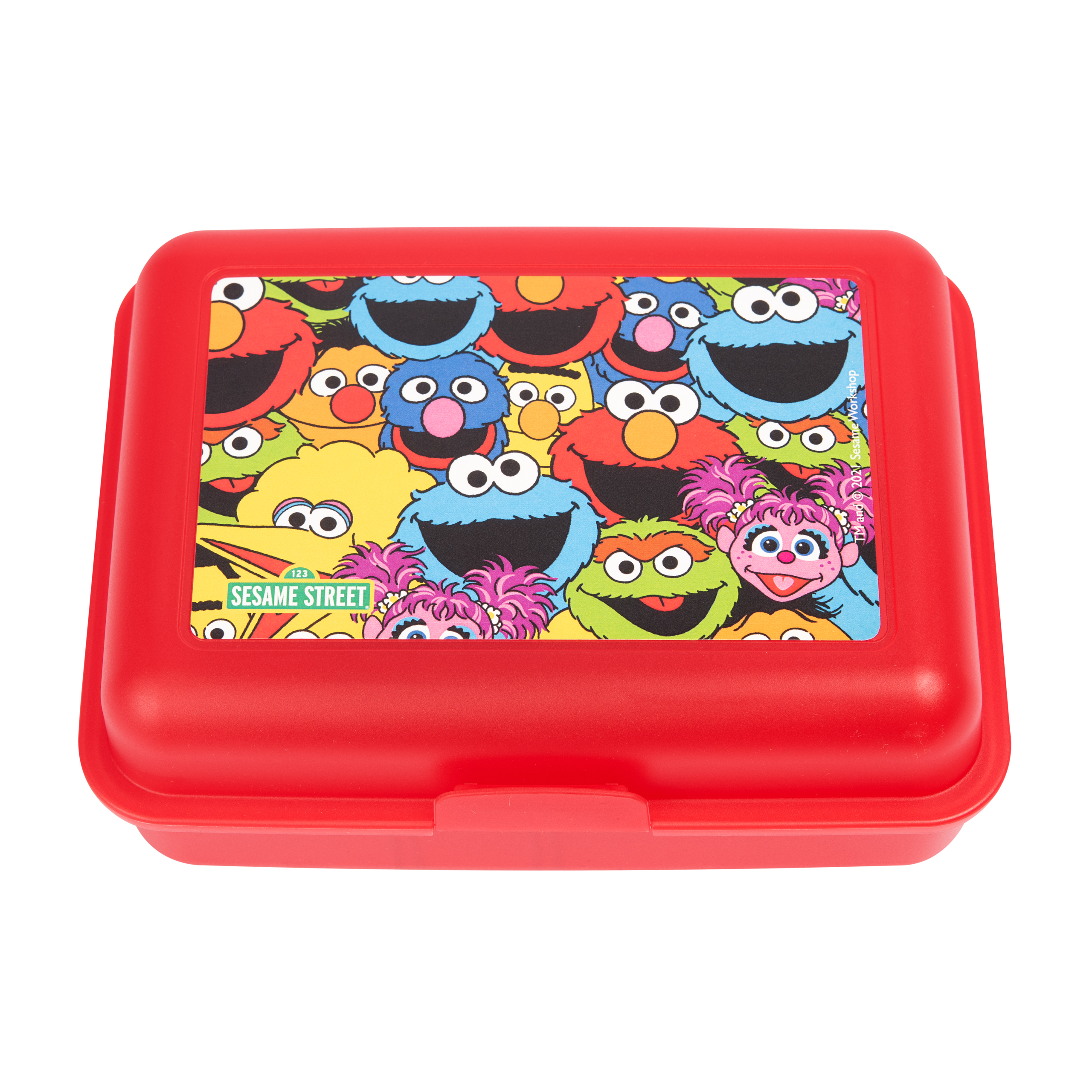 Rote Sesame Street Brotdose mit bunten Sesame Street Figuren gefüllt.