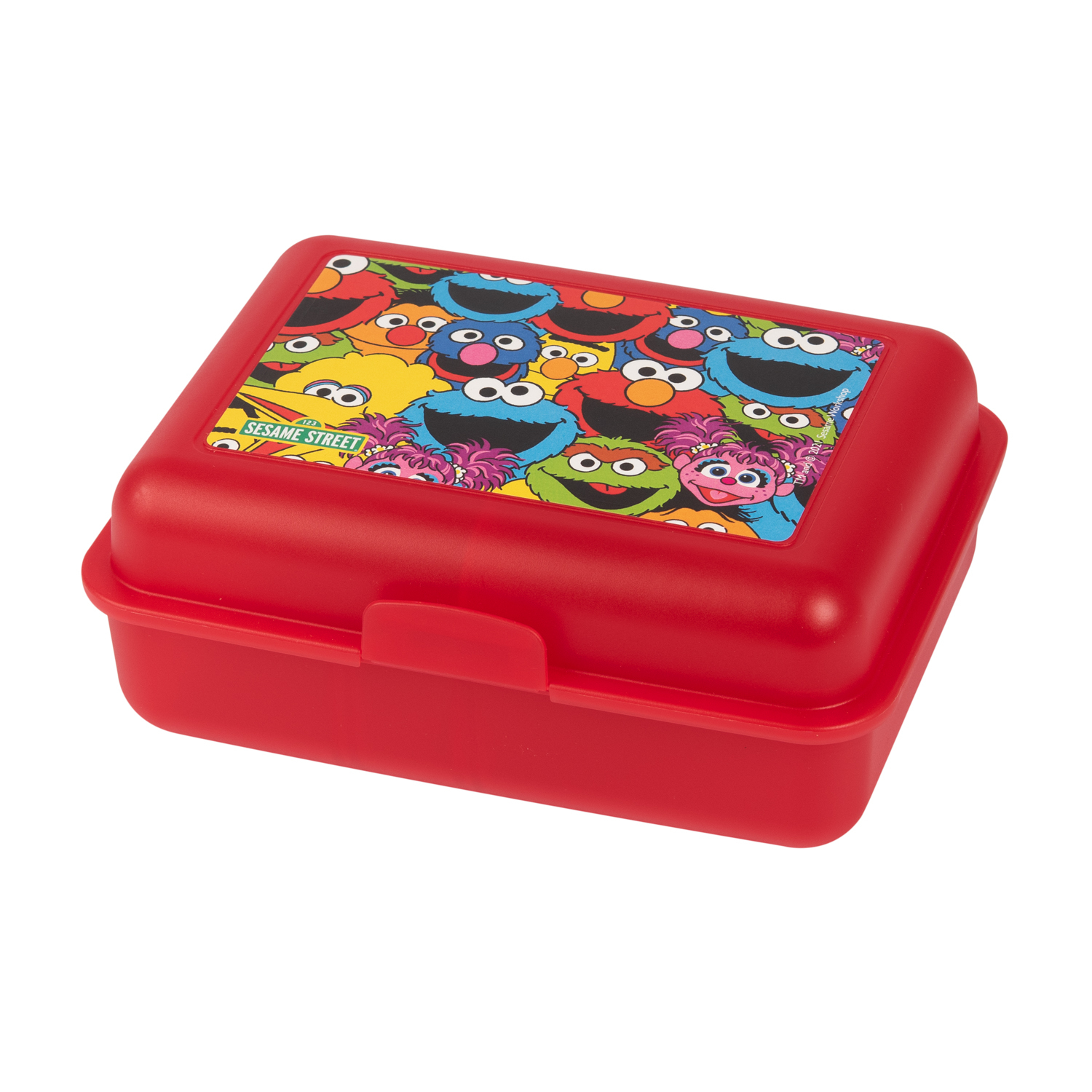 Eine rote Sesame Street Brotdose mit bunten Figuren auf dem Deckel wird gezeigt.