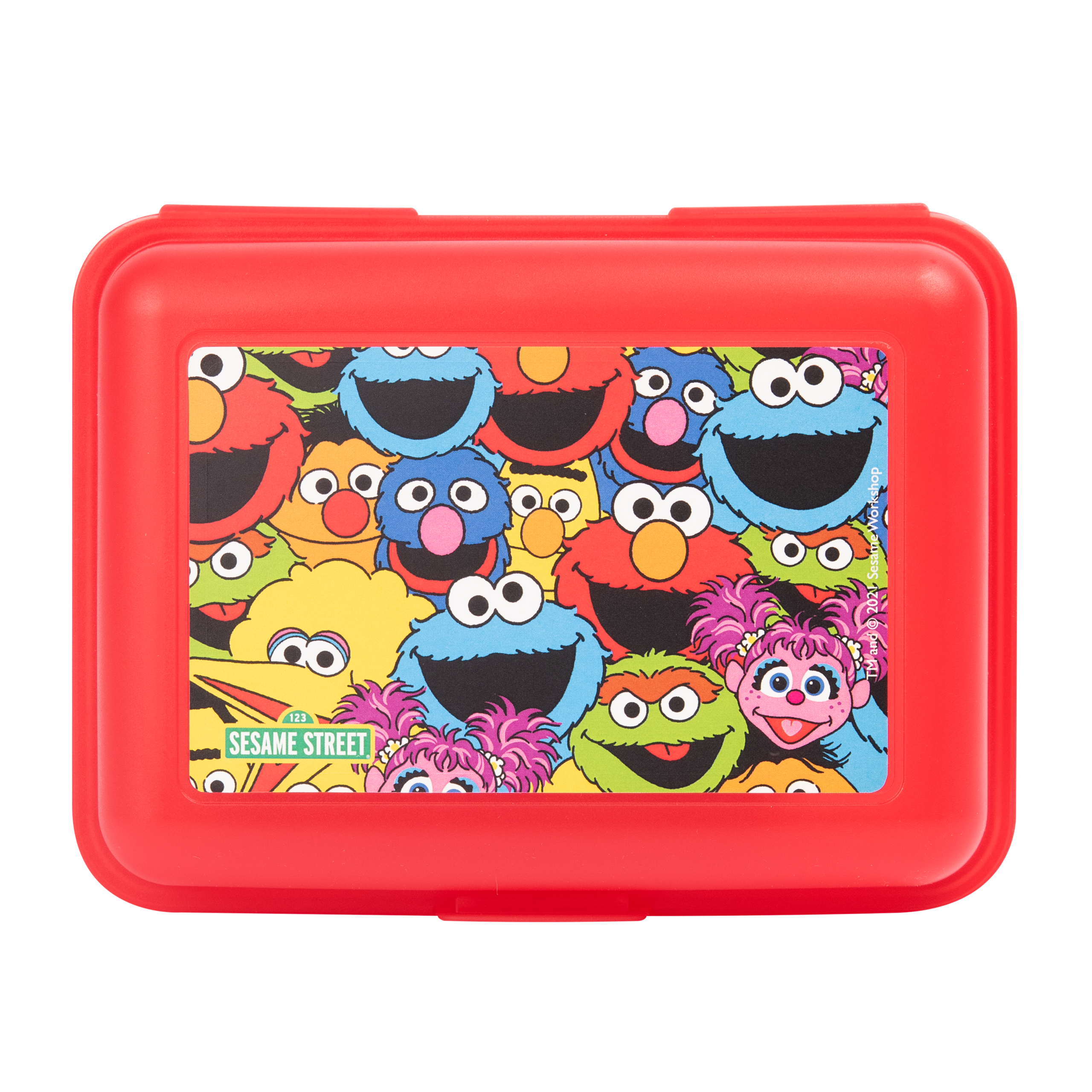 Eine rote Sesame Street Brotdose gefüllt mit Sesame Street Charakteren.
