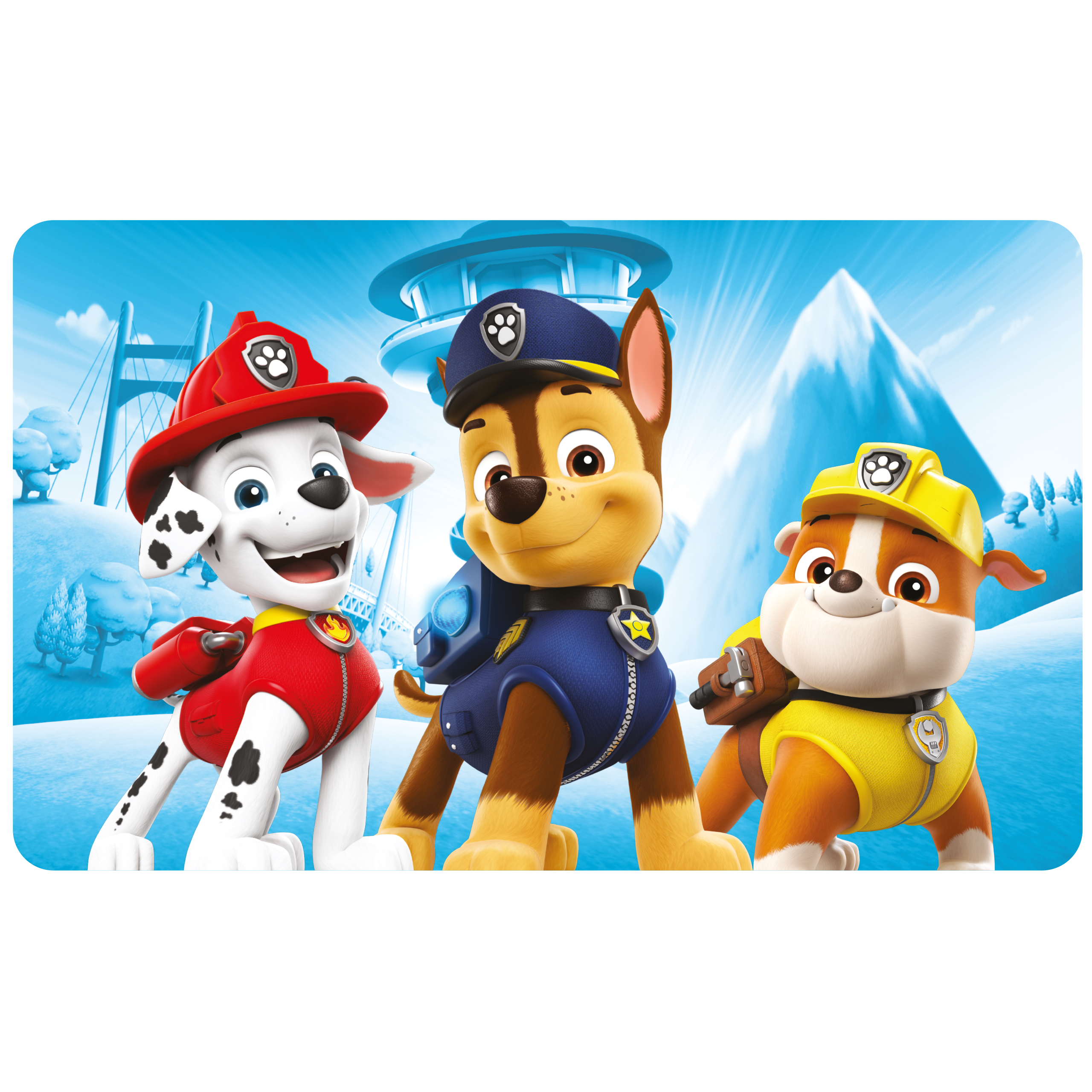 Paw Patrol Charaktere auf blauem Hintergrund.
