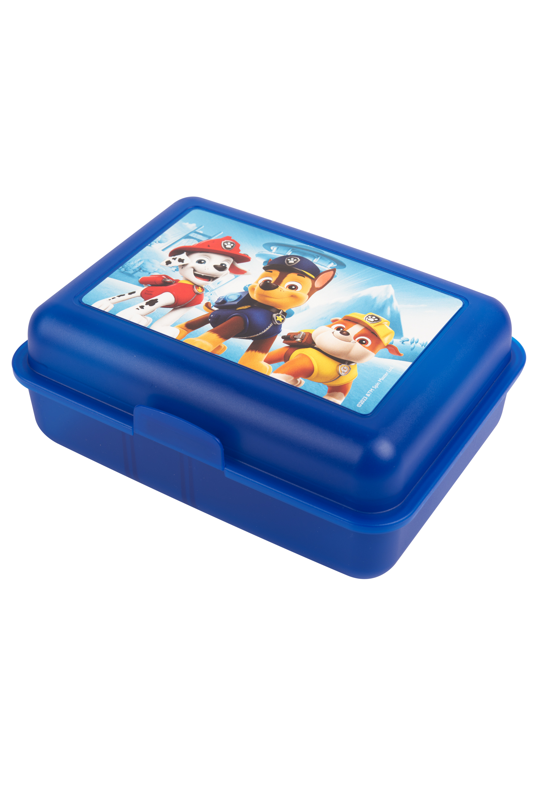 Blaue Brotdose mit Paw Patrol Illustration. Die Box ist geschlossen.