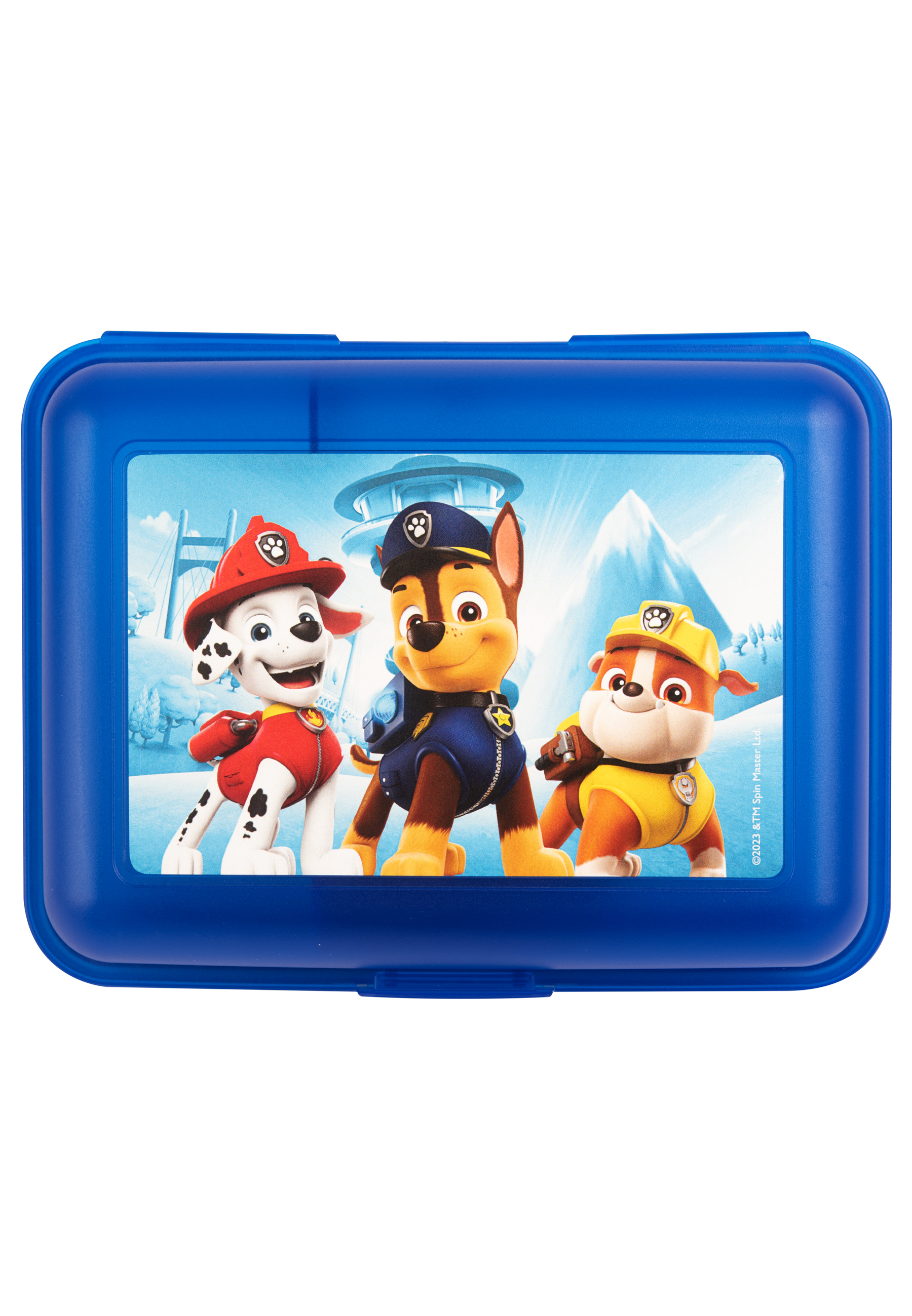 Blaue Brotdose mit Paw Patrol-Figuren auf dem Deckel, mit Marshall, Chase und Rubble.