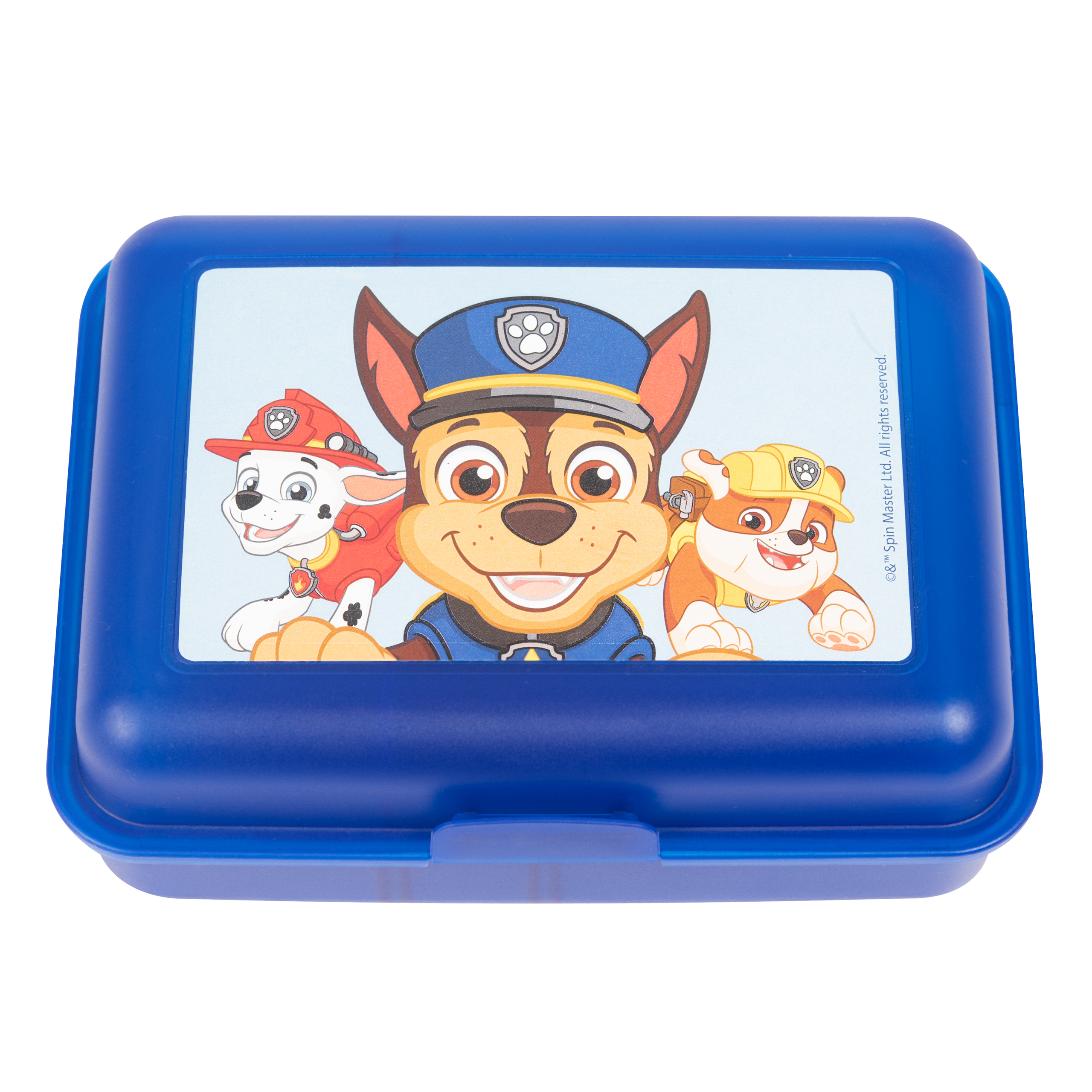 Blaue Brotdose mit Paw Patrol-Charakteren. Enthält Chase, Marshall und Rubble auf dem Deckel.