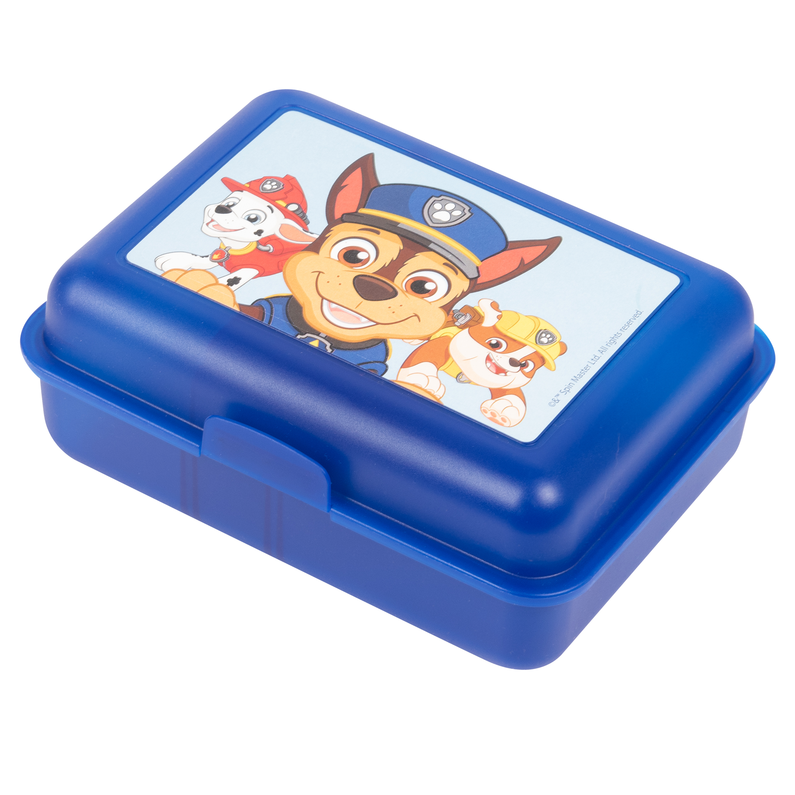 Eine blaue Brotdose mit Paw Patrol-Motiv mit Cartoon-Charakteren.