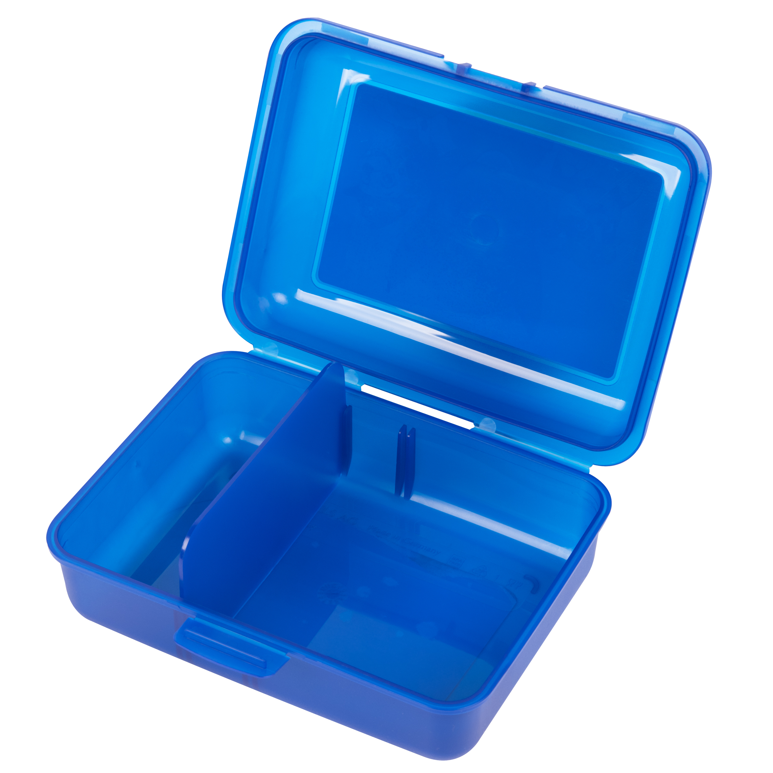Blaue Brotdose, geöffnet, mit zwei Fächern. Die Box ist leer. Der Hintergrund ist weiß.