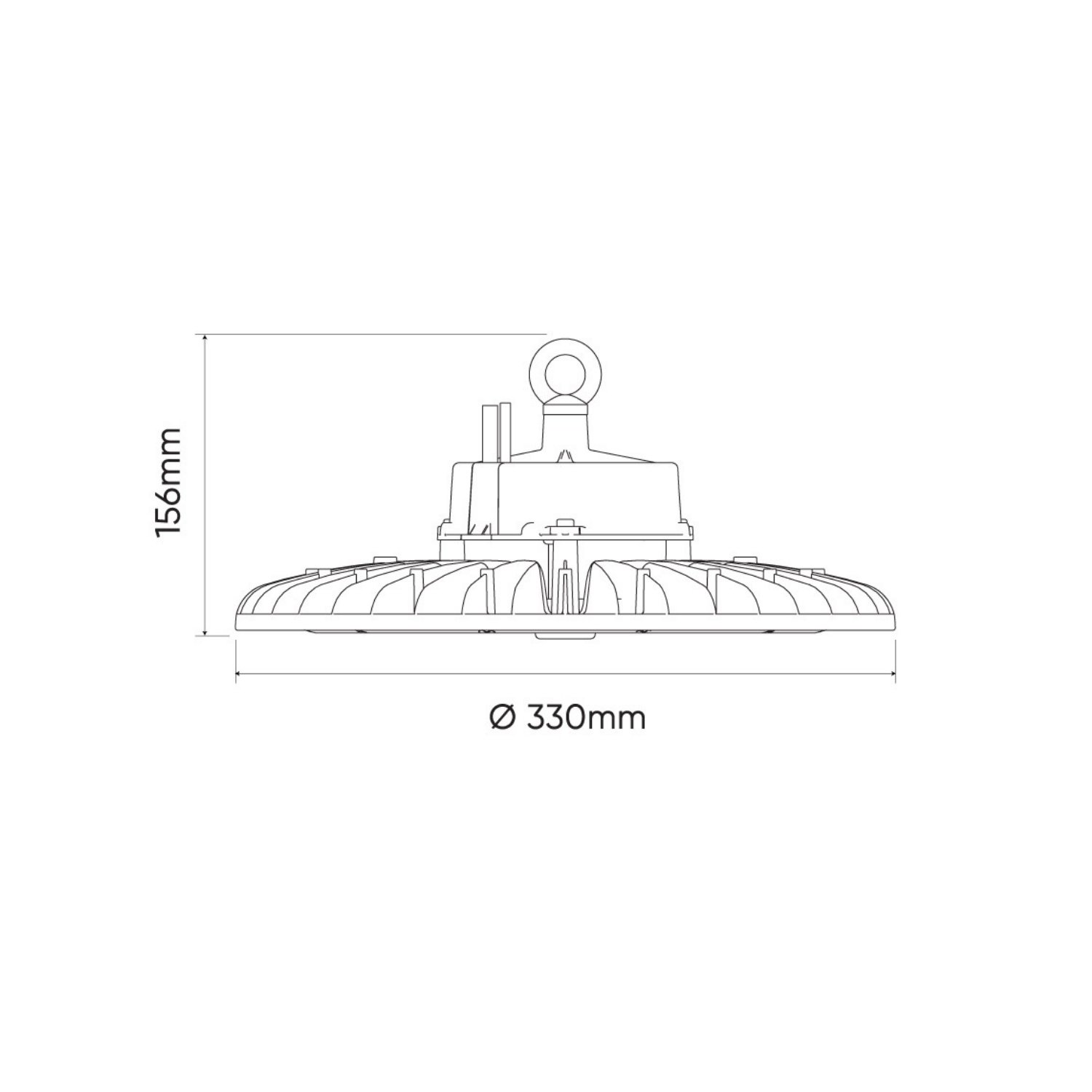 Eine kreisförmige High-Bay-Leuchte mit Abmessungen in mm: 156 mm Höhe, 330 mm Durchmesser.