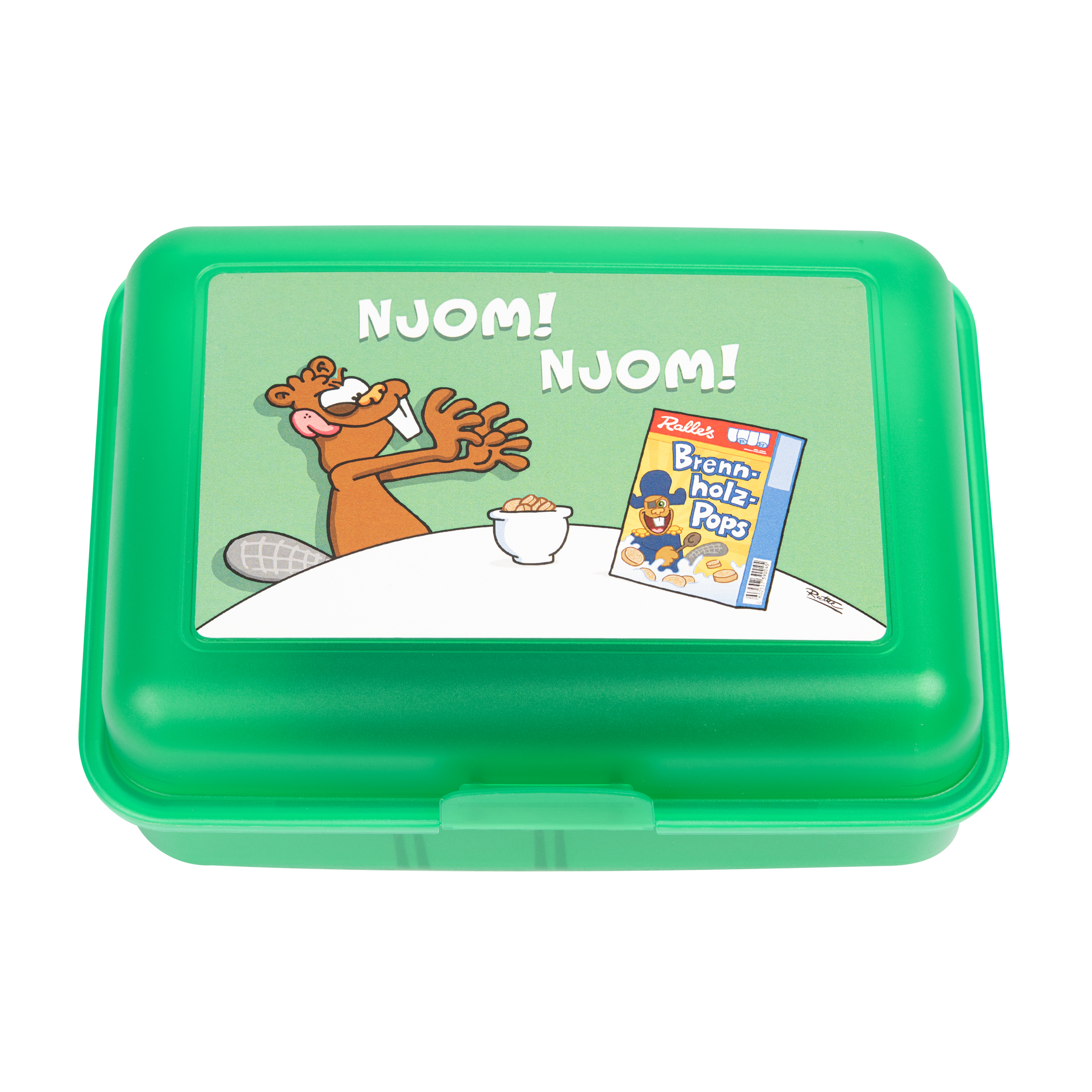 Eine grüne Brotdose mit einem Cartoon-Biber und einem Müslischachtel-Bild auf dem Deckel.