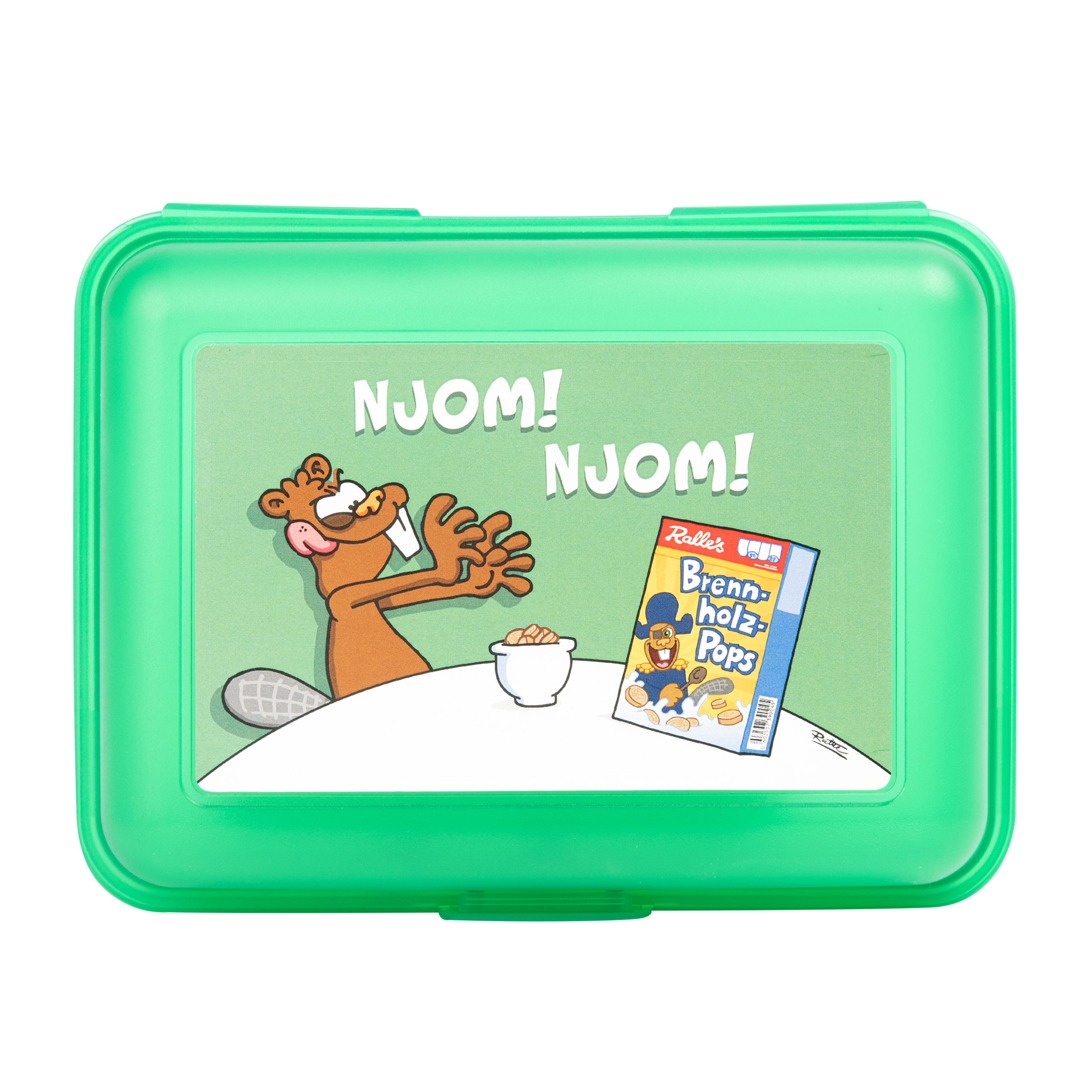 Eine grüne Brotdose mit Cartoon-Biber und Text: NJOM! NJOM! und Müslischachtel.