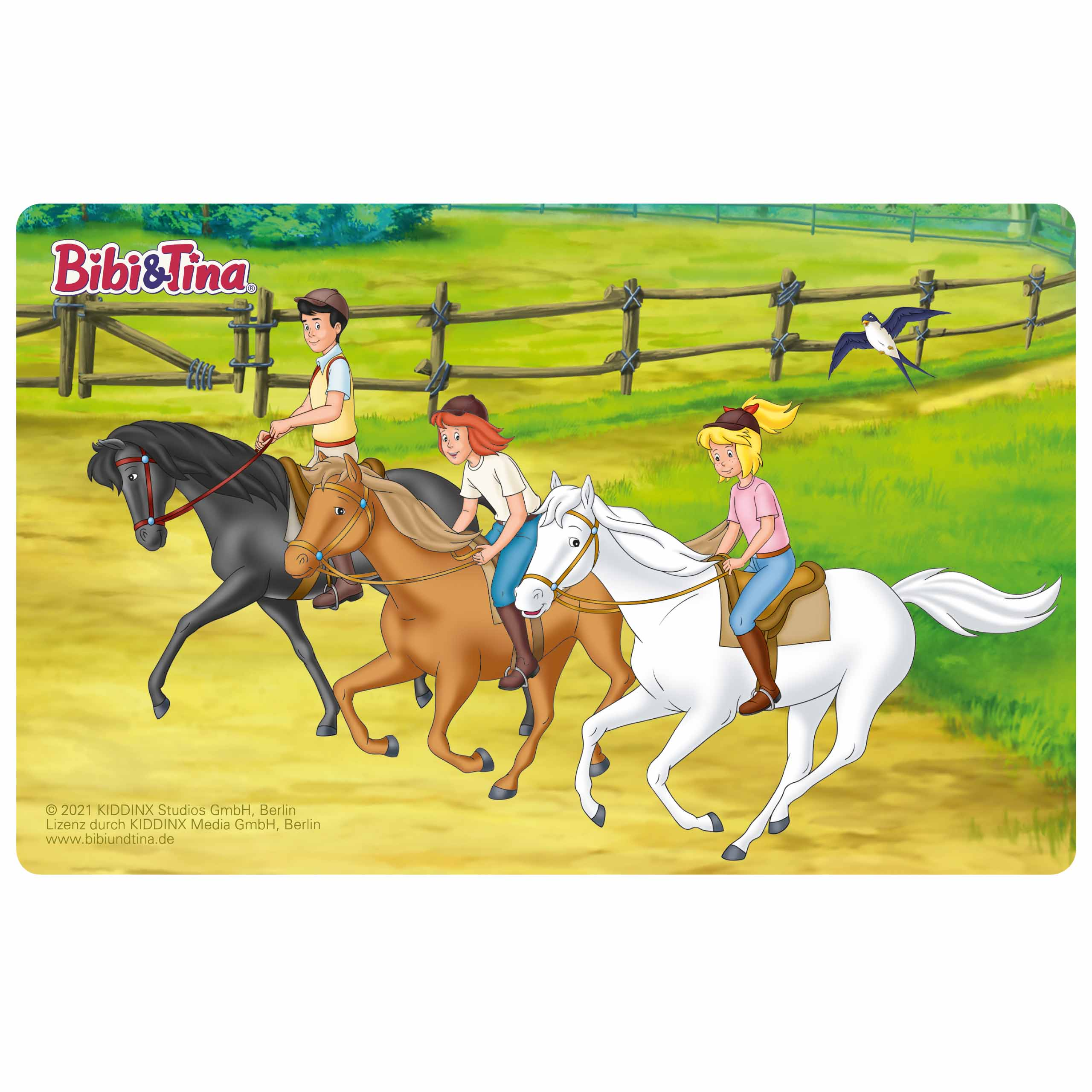 Illustration von drei Personen, die auf Pferden auf einem Feld reiten. Eine Elster fliegt darüber.