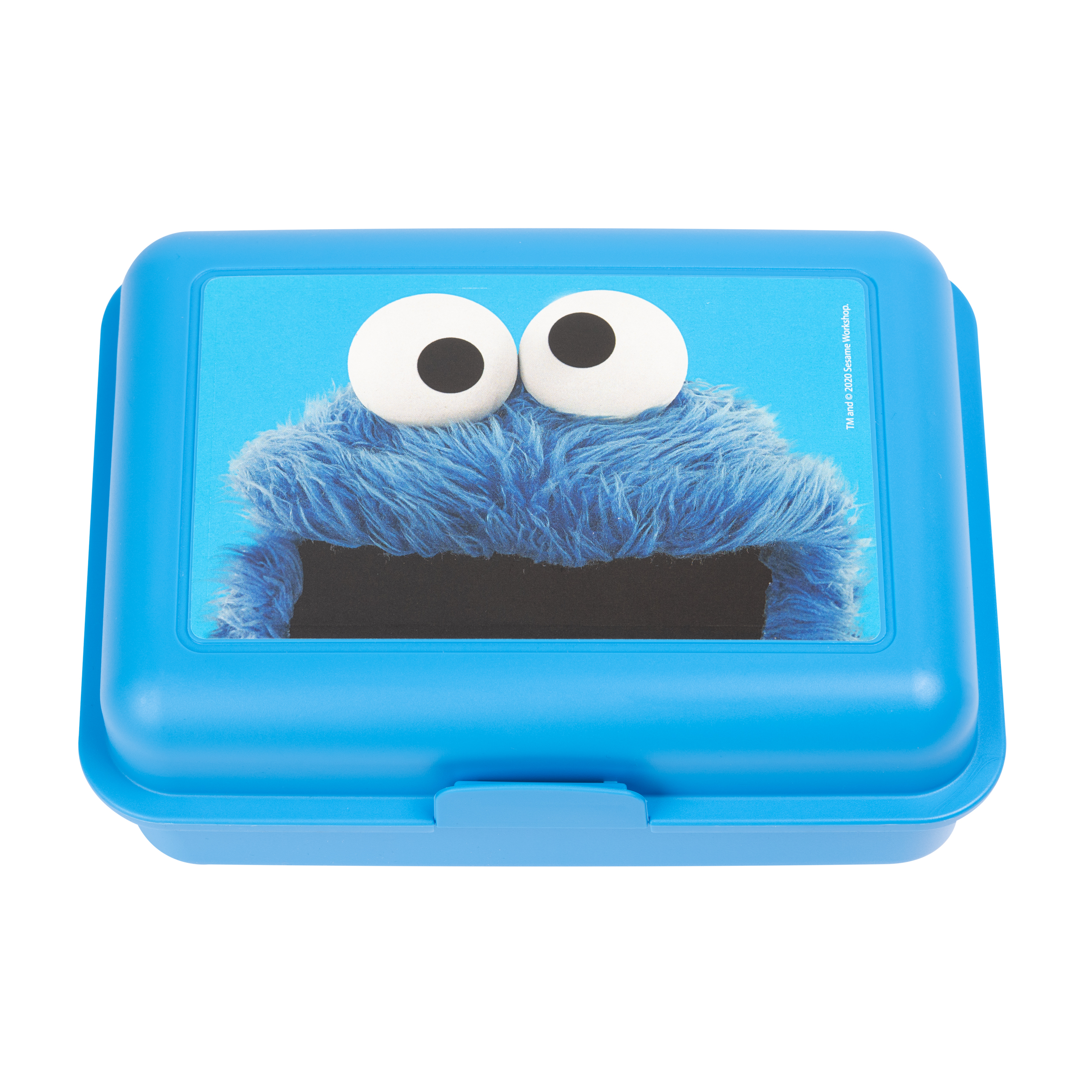 Eine blaue Brotdose mit dem Gesicht des Krümelmonsters auf dem Deckel.