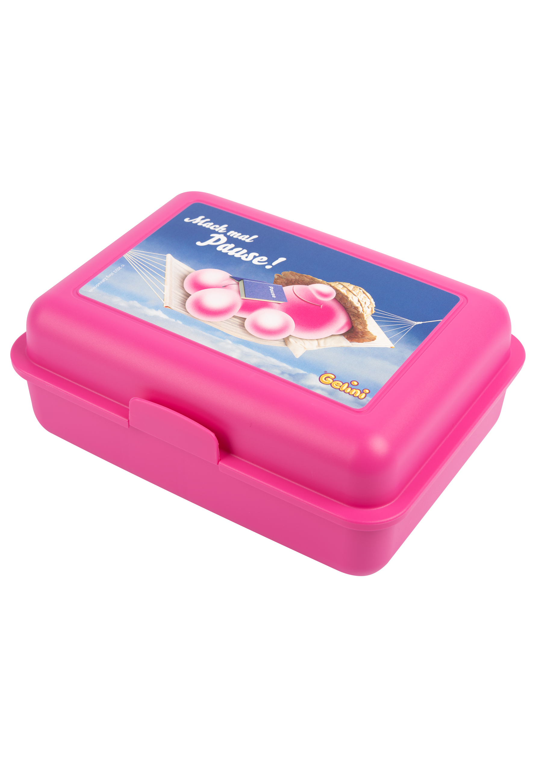 Eine rosa Brotdose mit einer Cartoon-Szene darauf, auf weißem Hintergrund.