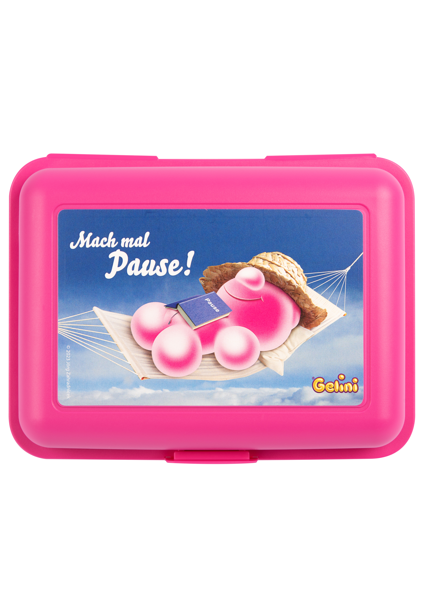 Rosa Brotdose mit Cartoon-Figur, die sich in einer Hängematte entspannt. Auf dem Deckel steht 'Mach mal Pause!'.
