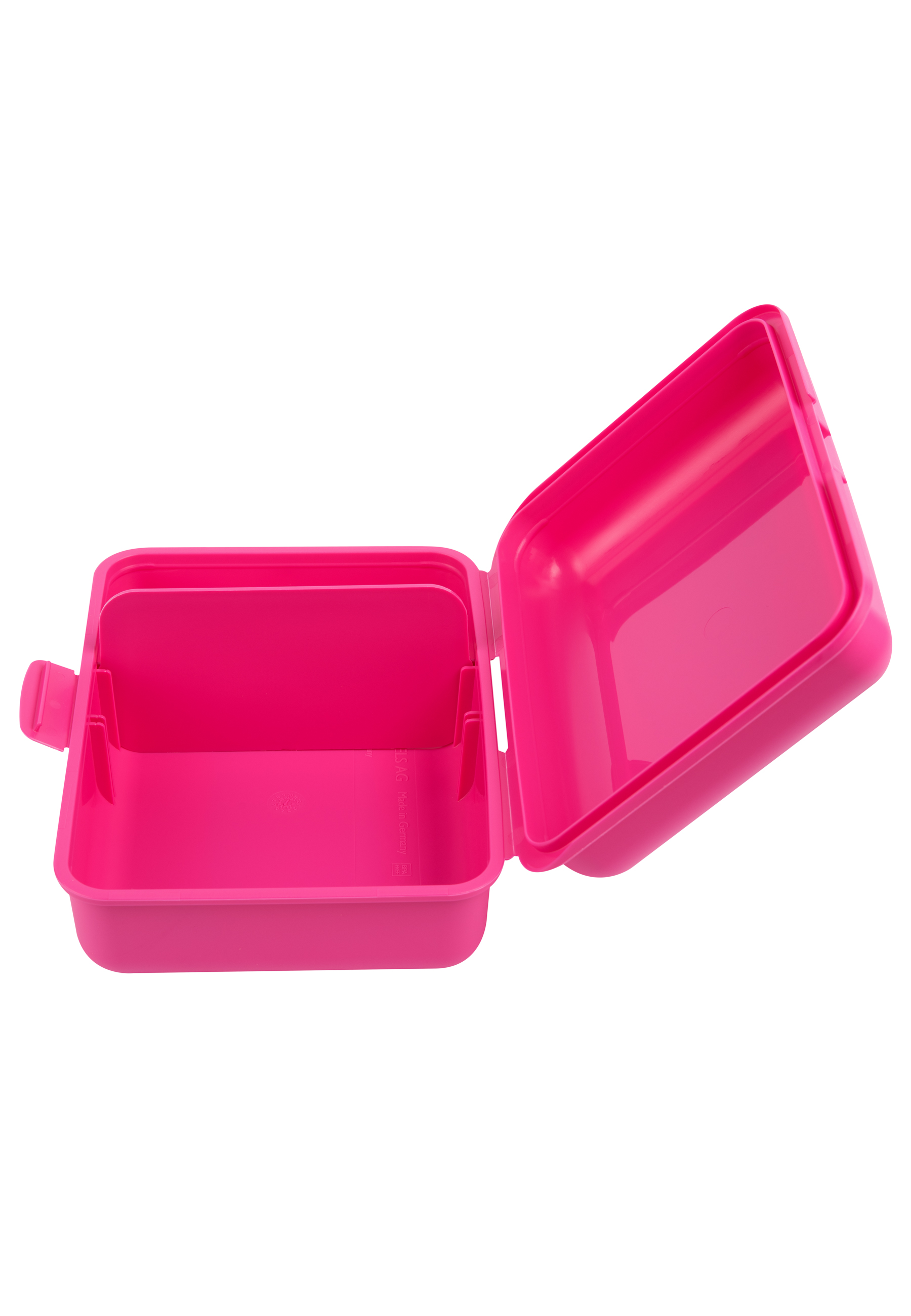 Rosa Brotdose, offen, Innenansicht. Die Box hat einen Deckel und einen Verschluss an der Seite.