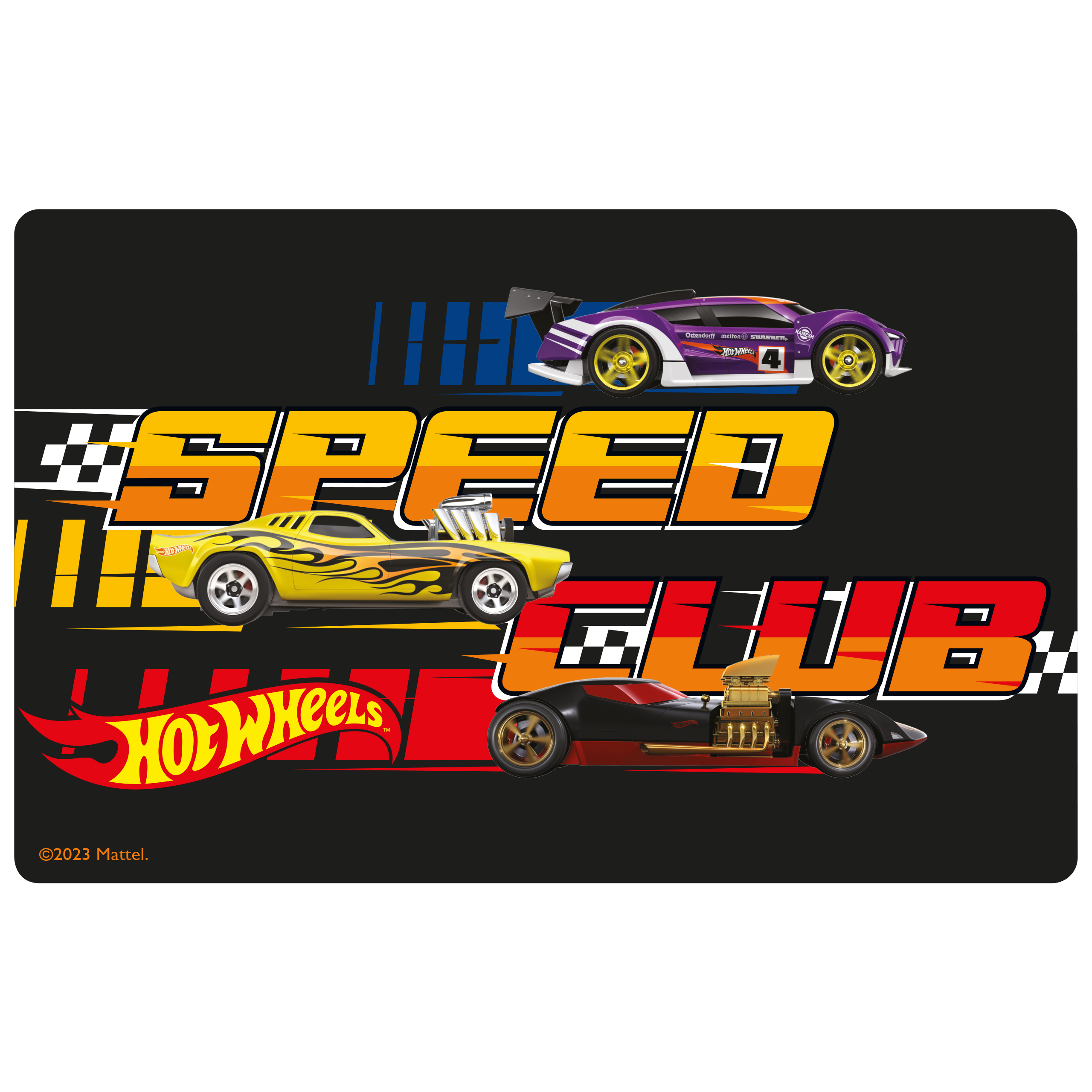Hot Wheels Club-Matte mit drei Spielzeugautos und Text. Schwarzer Hintergrund und Mattel-Logo unten links.