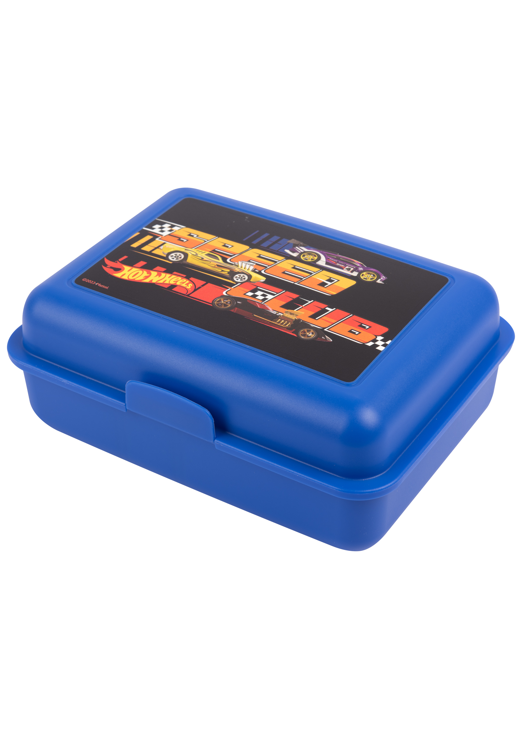 Blaue Hot Wheels Brotdose mit Autografiken auf dem Deckel.