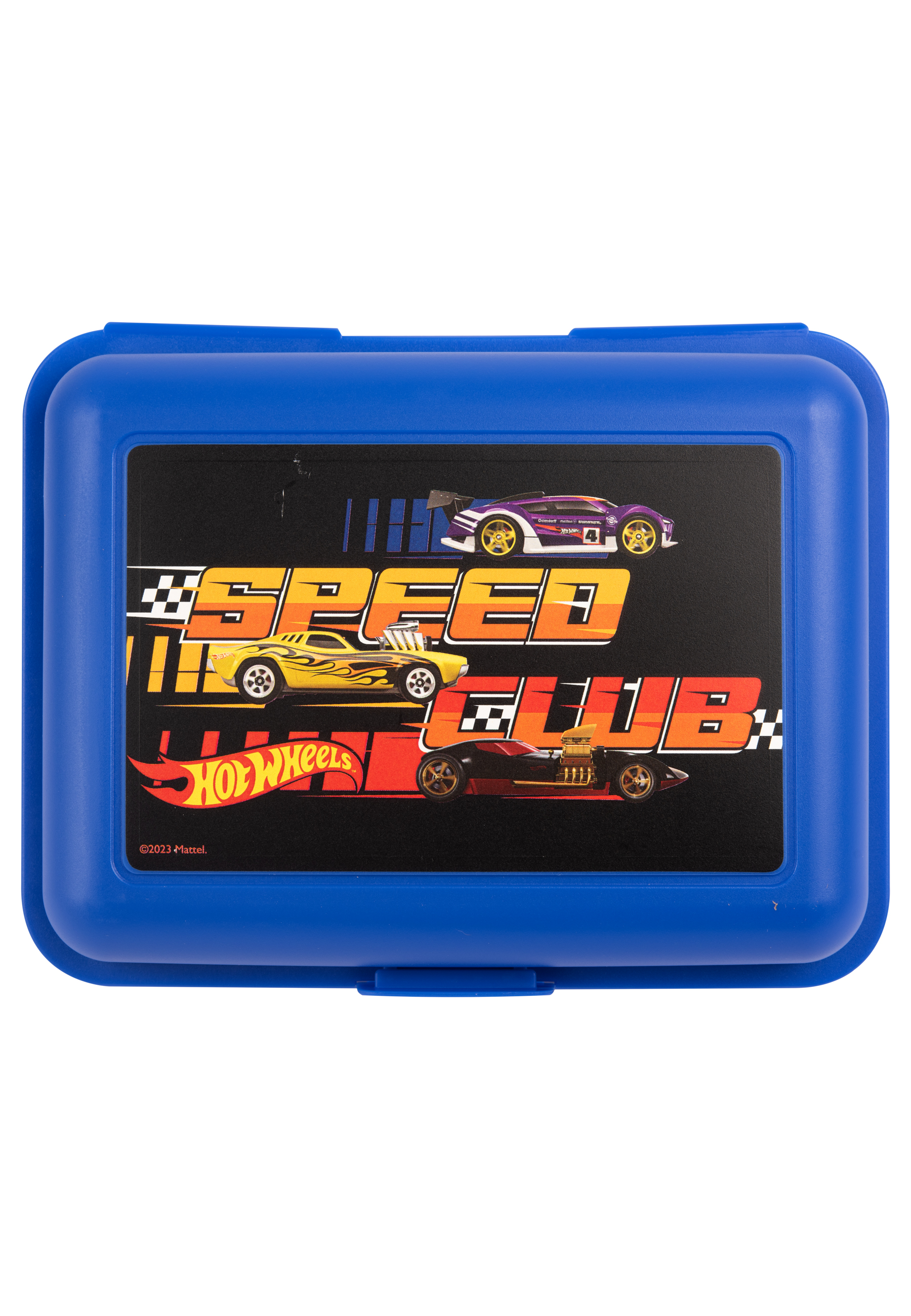 Blaue Brotdose mit Hot Wheels-Design auf dem Deckel.