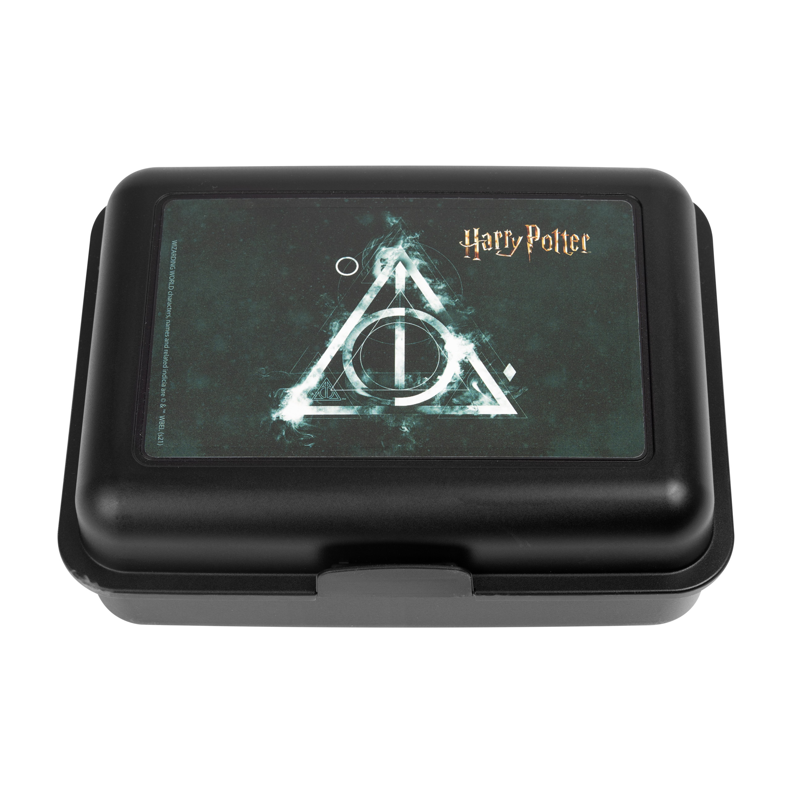 Eine schwarze Brotdose mit einem Harry-Potter-Bild auf dem Deckel.