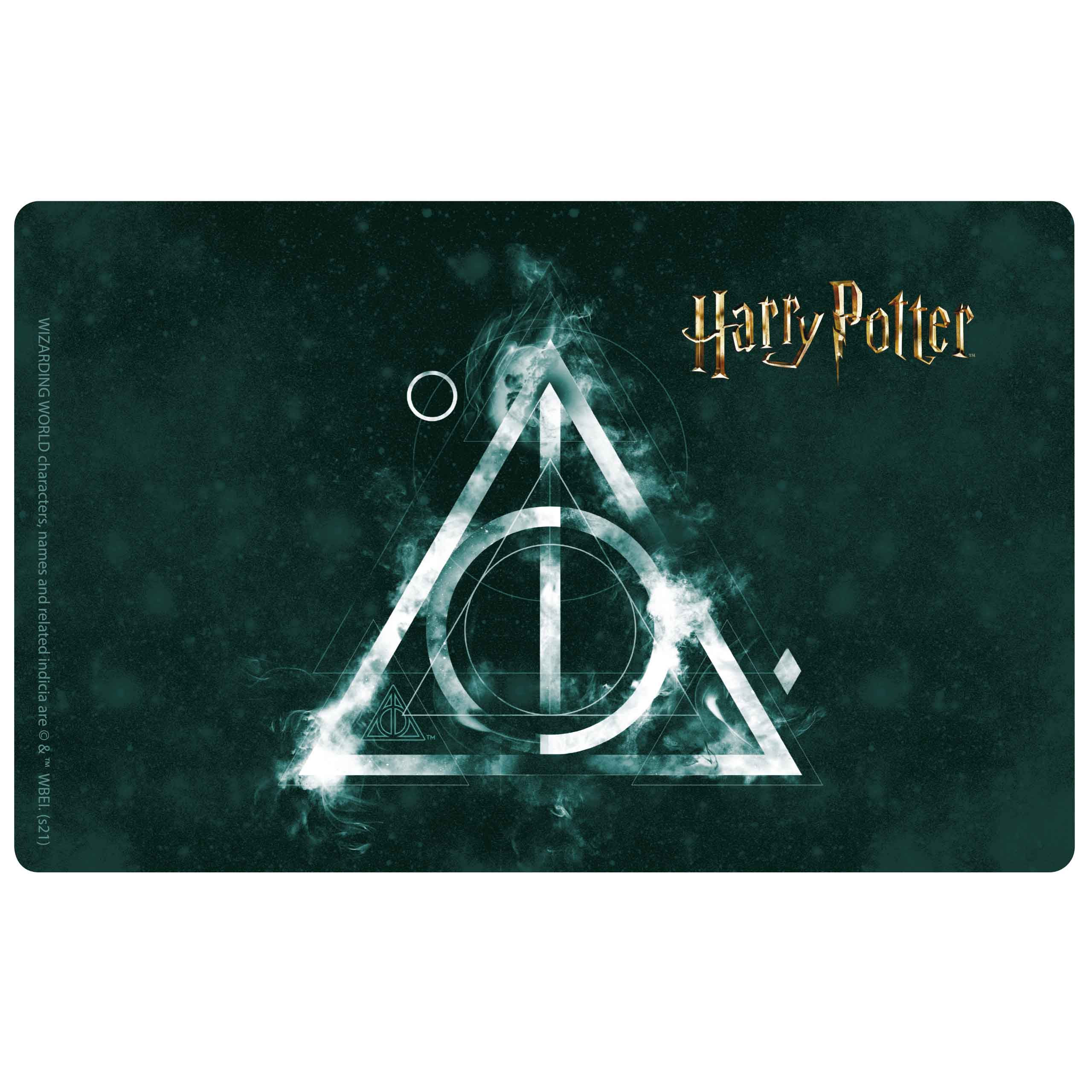 Harry Potter-Matte mit dem Symbol der Heiligtümer des Todes auf grünem Hintergrund.