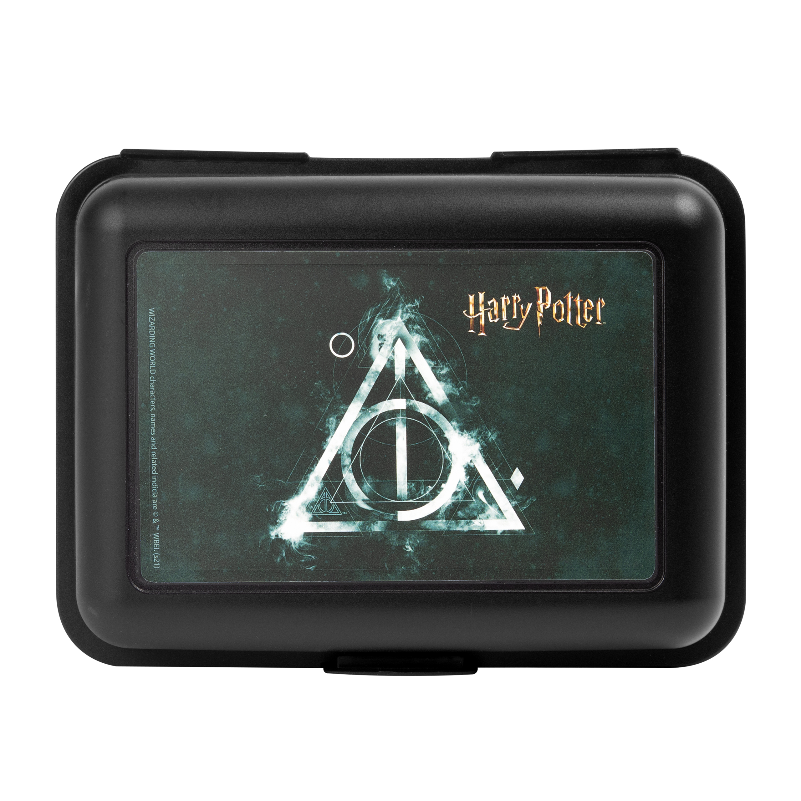 Schwarze Harry-Potter-Lunchbox mit dem Symbol der Heiligtümer des Todes.