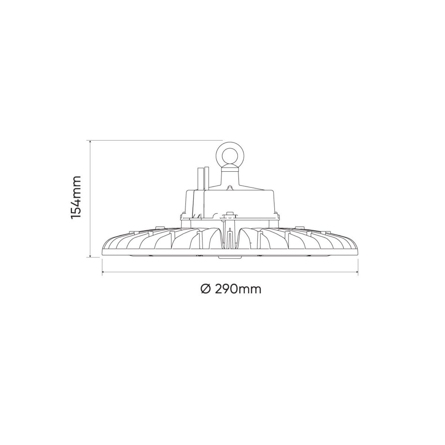 Eine High-Bay-LED-Leuchte. Die Seitenansicht zeigt die Abmessungen (290 mm Durchmesser, 154 mm Höhe).