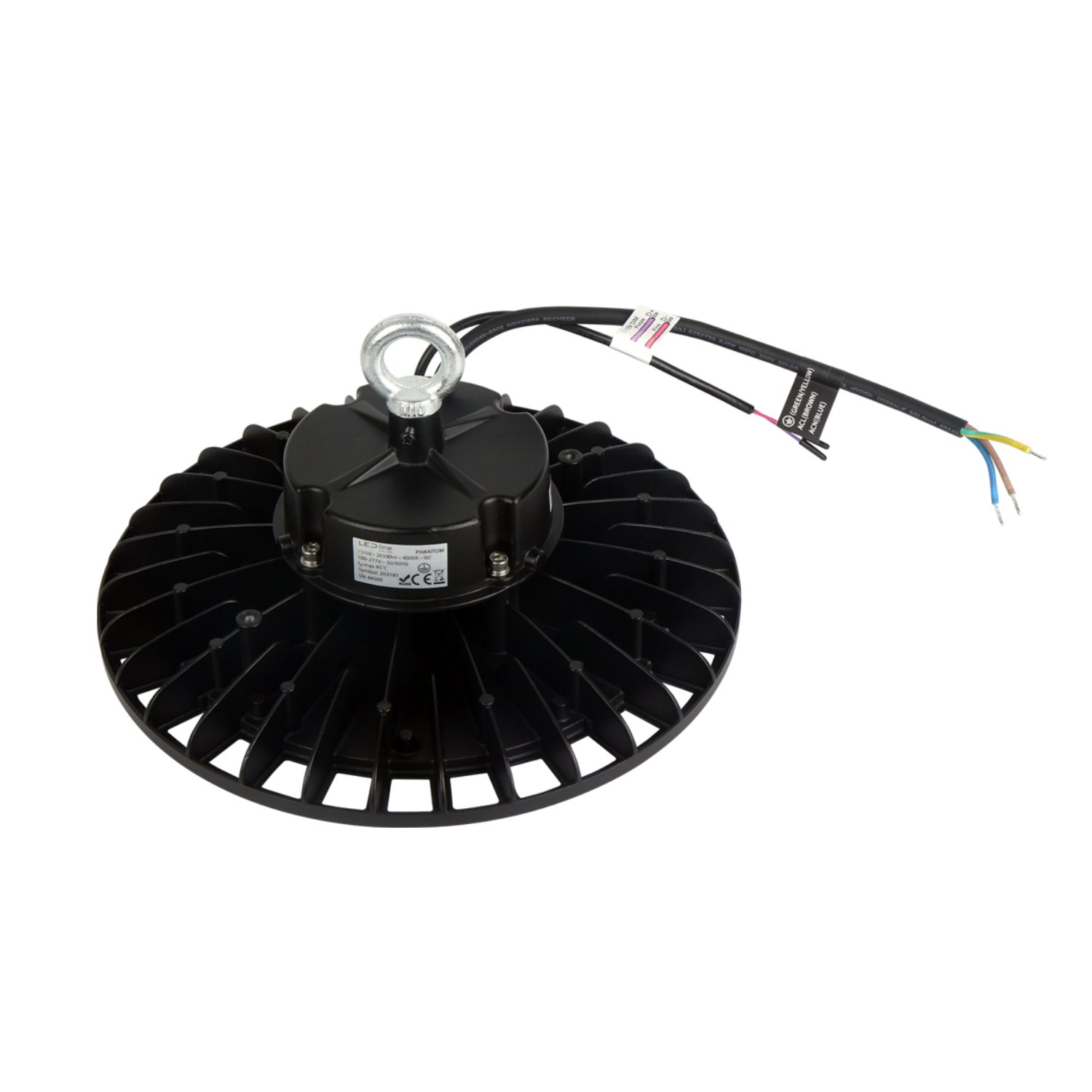 Schwarze industrielle LED-Leuchte mit kreisförmigem Design und Aufhängehaken.