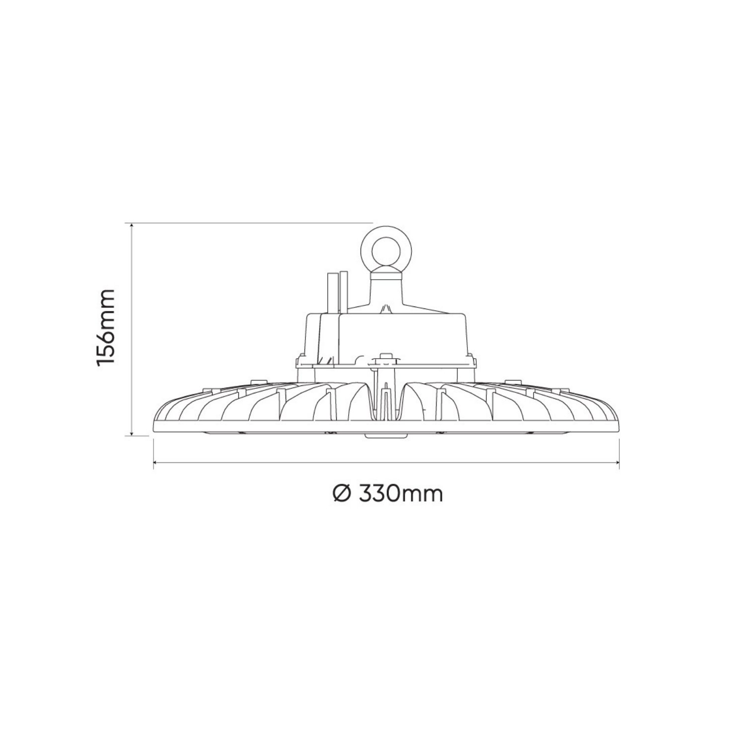 Kreisförmige Industrieleuchte. Abmessungen: 156 mm hoch, 330 mm Durchmesser.