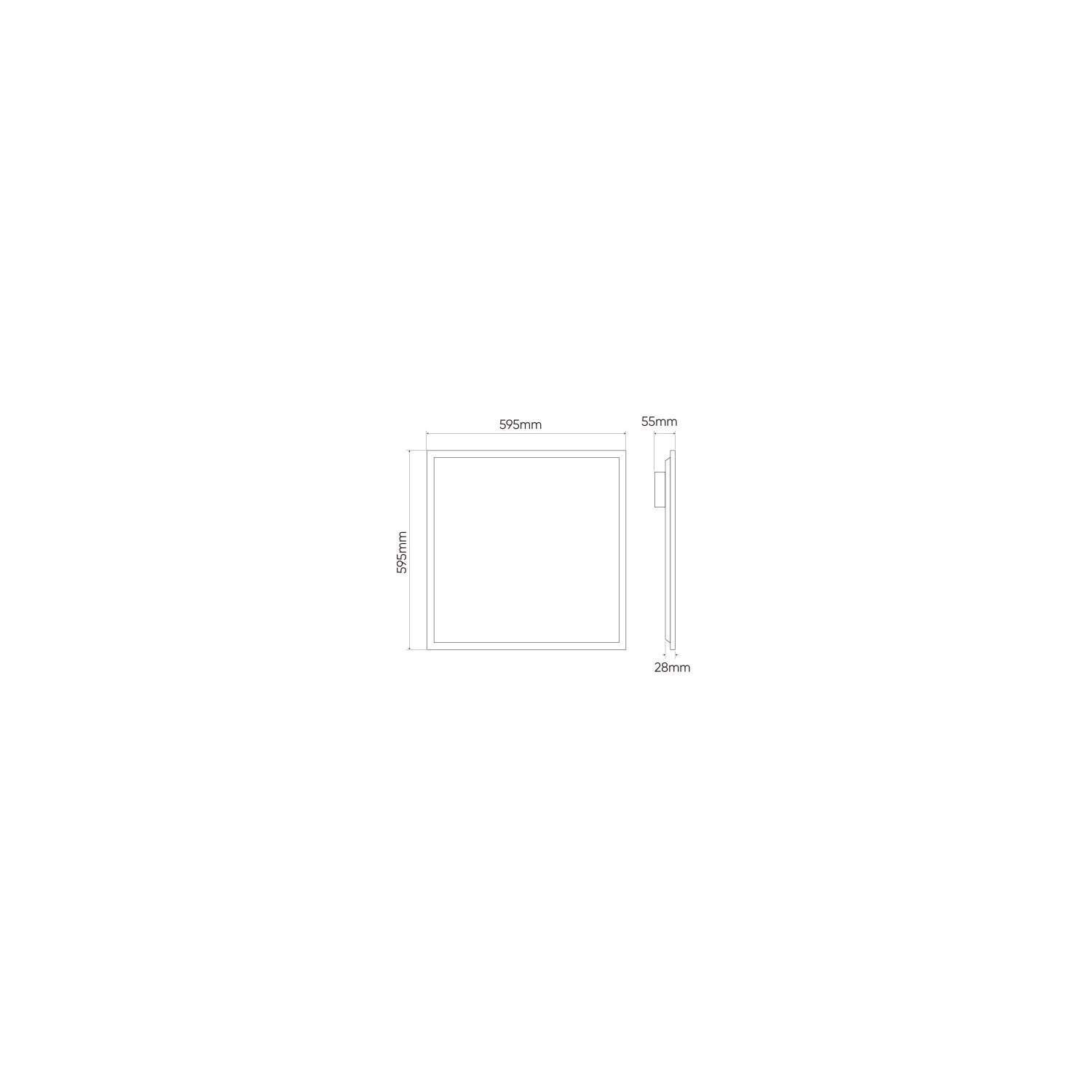 Eine weiße Zeichnung eines quadratischen LED-Panels mit Abmessungen auf weißem Hintergrund.
