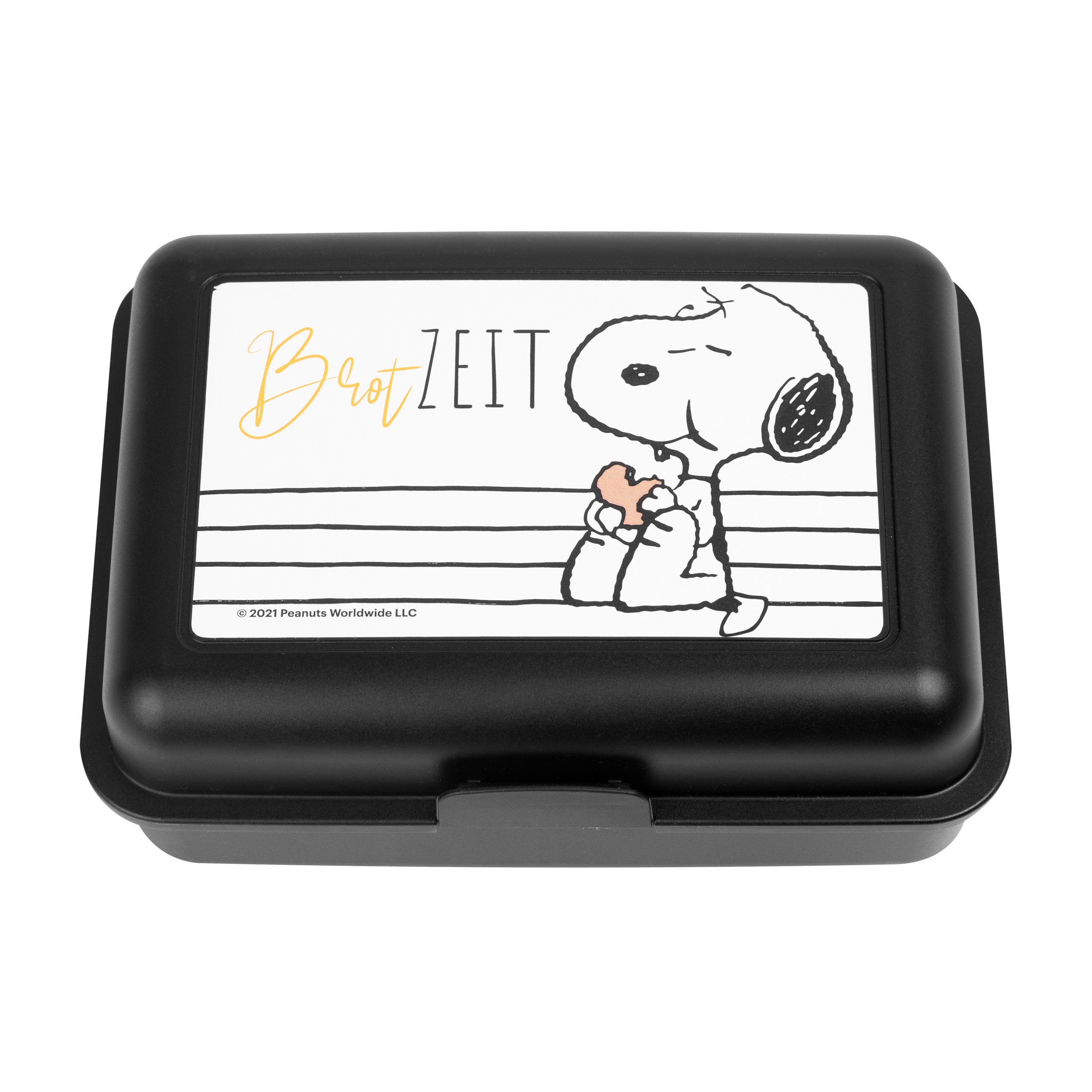 Eine schwarze Brotdose mit Snoopy-Zeichnung und deutschem Text "Brotzeit".
