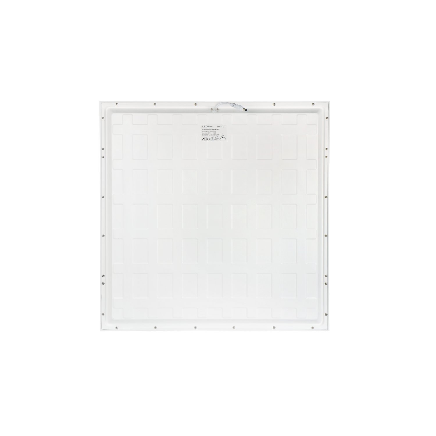 Ein weißes LED-Panel, von hinten betrachtet. Die Oberfläche ist in Quadrate unterteilt.