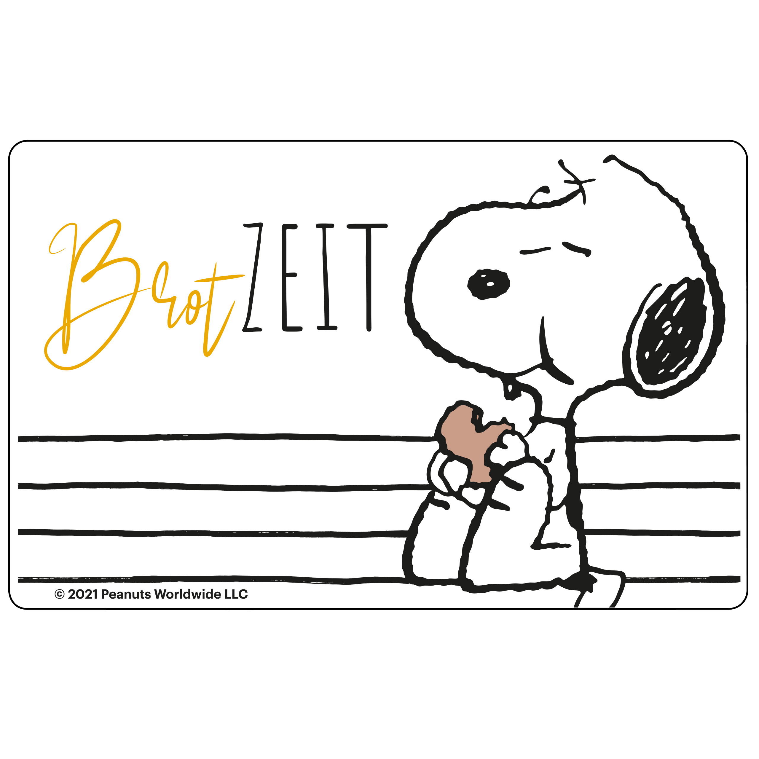 Snoopy-Cartoonfigur, die einen herzförmigen Keks hält. Text sagt 'Brotzeit'.