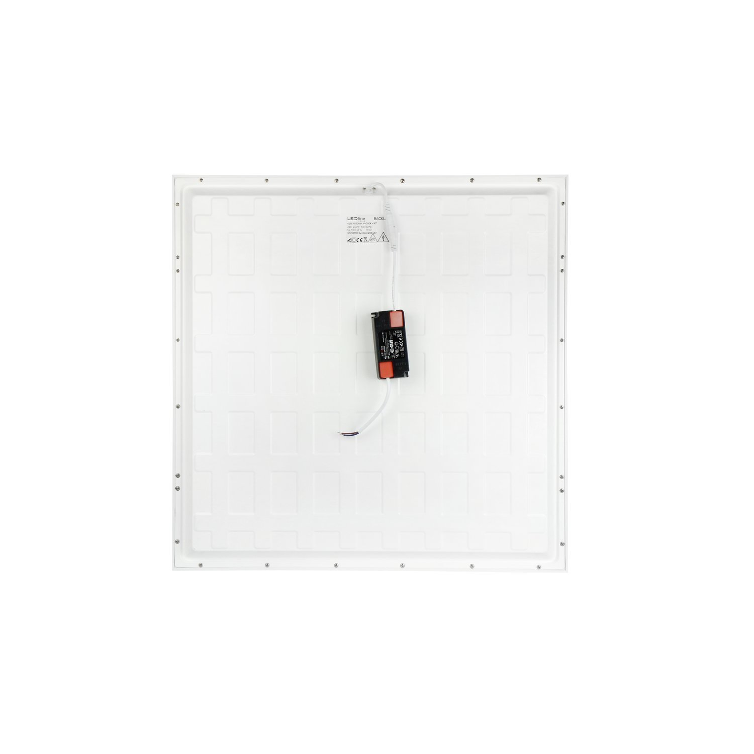 Weißes quadratisches Panel, möglicherweise eine Leuchte, mit schwarzer elektrischer Komponente in der Mitte.