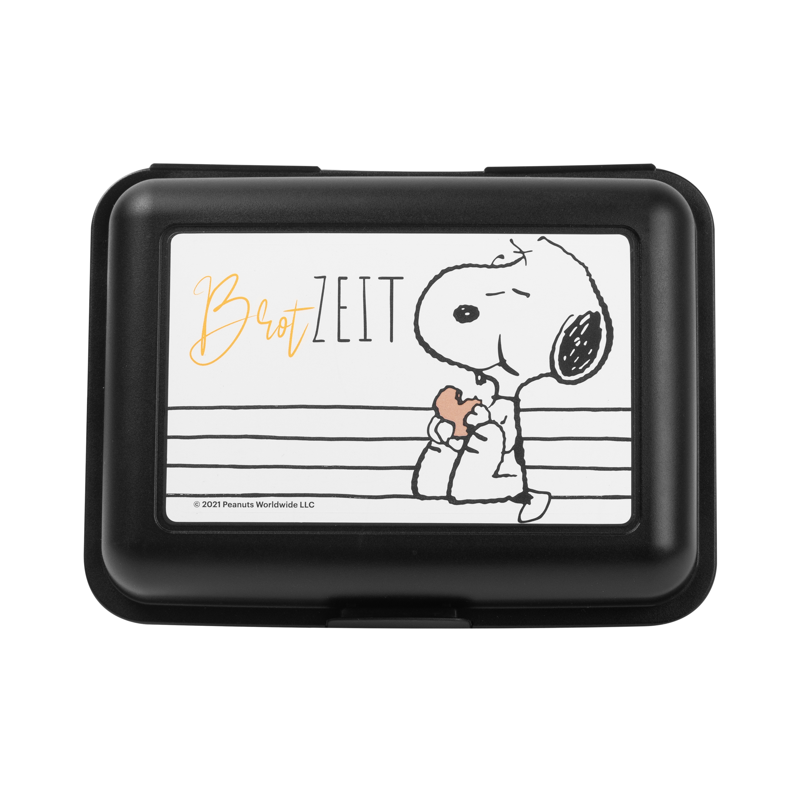 Schwarze Snoopy-Brotdose. Snoopy hält ein Herz. Der Text lautet Brot Zeit.
