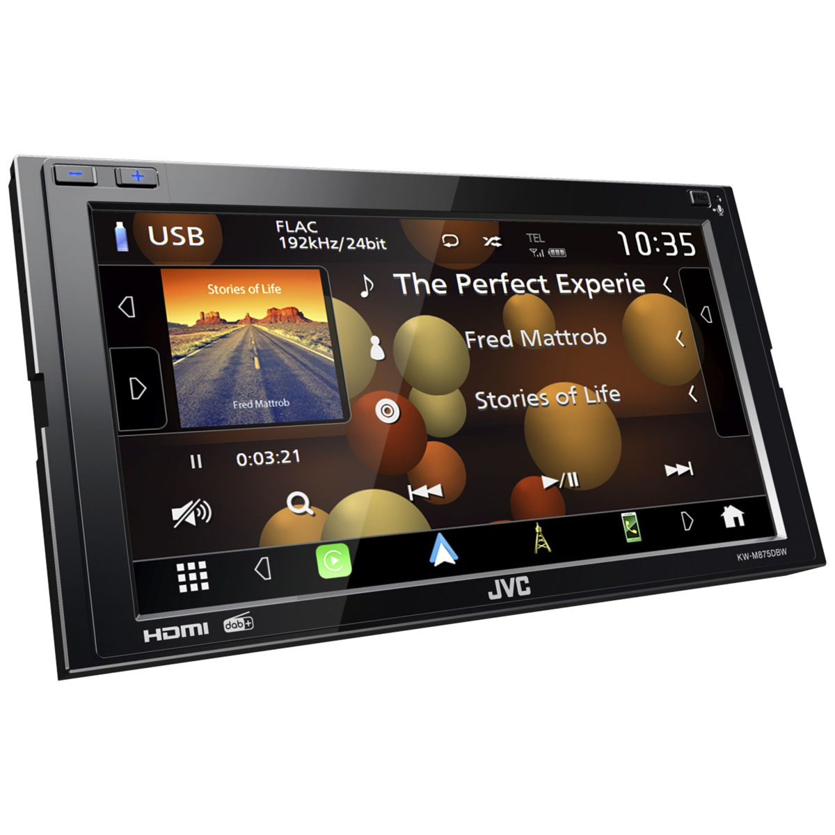 Autoradio-Display mit Albumcover, Uhrzeit und Radiosteuerung. Schwarzer Rahmen mit Touchscreen.