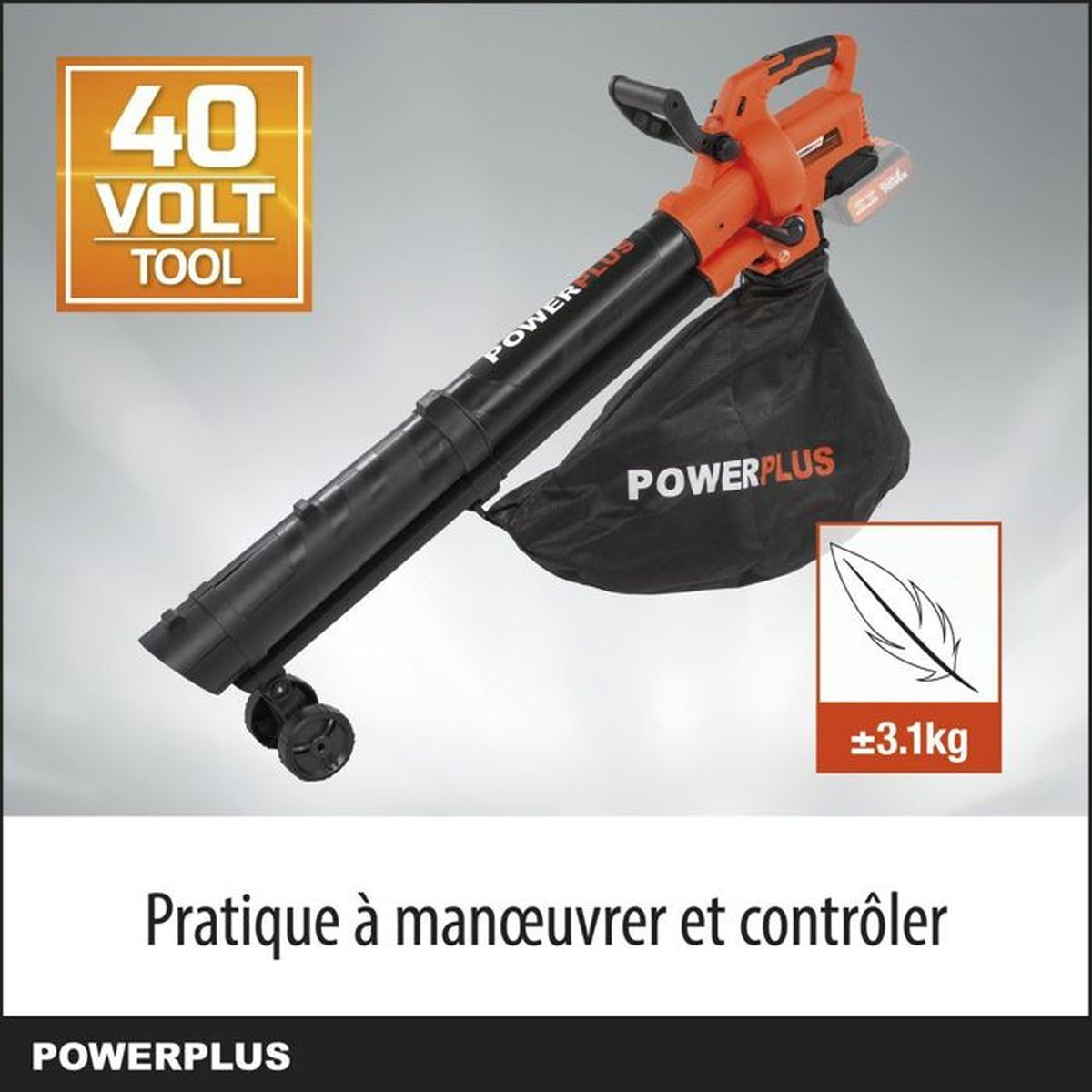 Oranger und schwarzer Laubbläser mit schwarzem Beutel. Der Text lautet POWERPLUS und 40 VOLT TOOL.