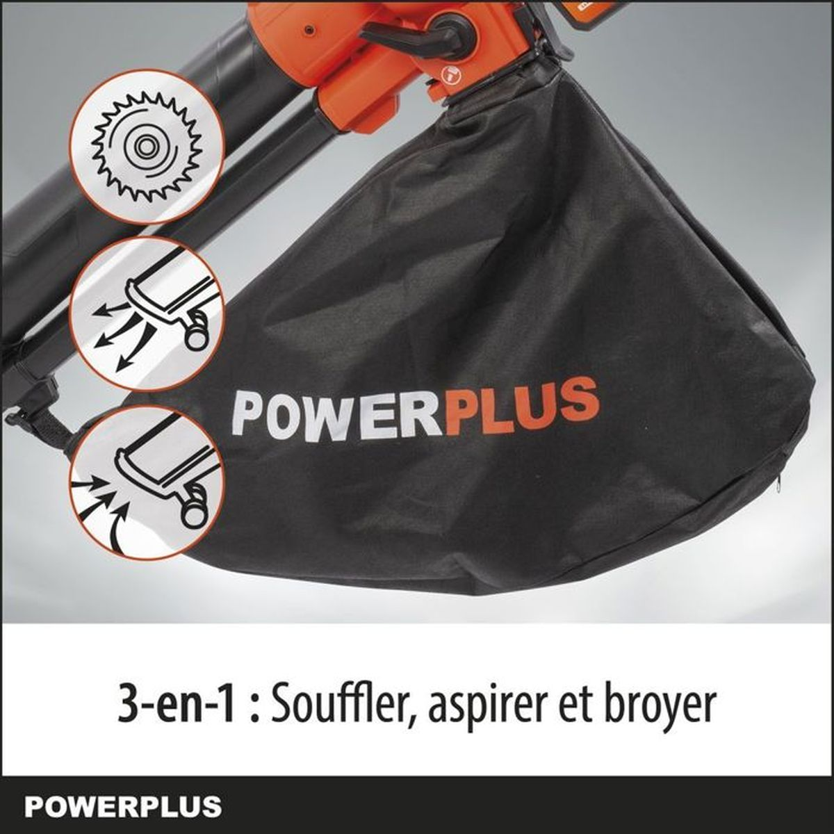 Powerplus-Laubbläser mit Diagrammen und Text. Schwarze Tasche und orangefarbene Details. Schwarzer Hintergrund.