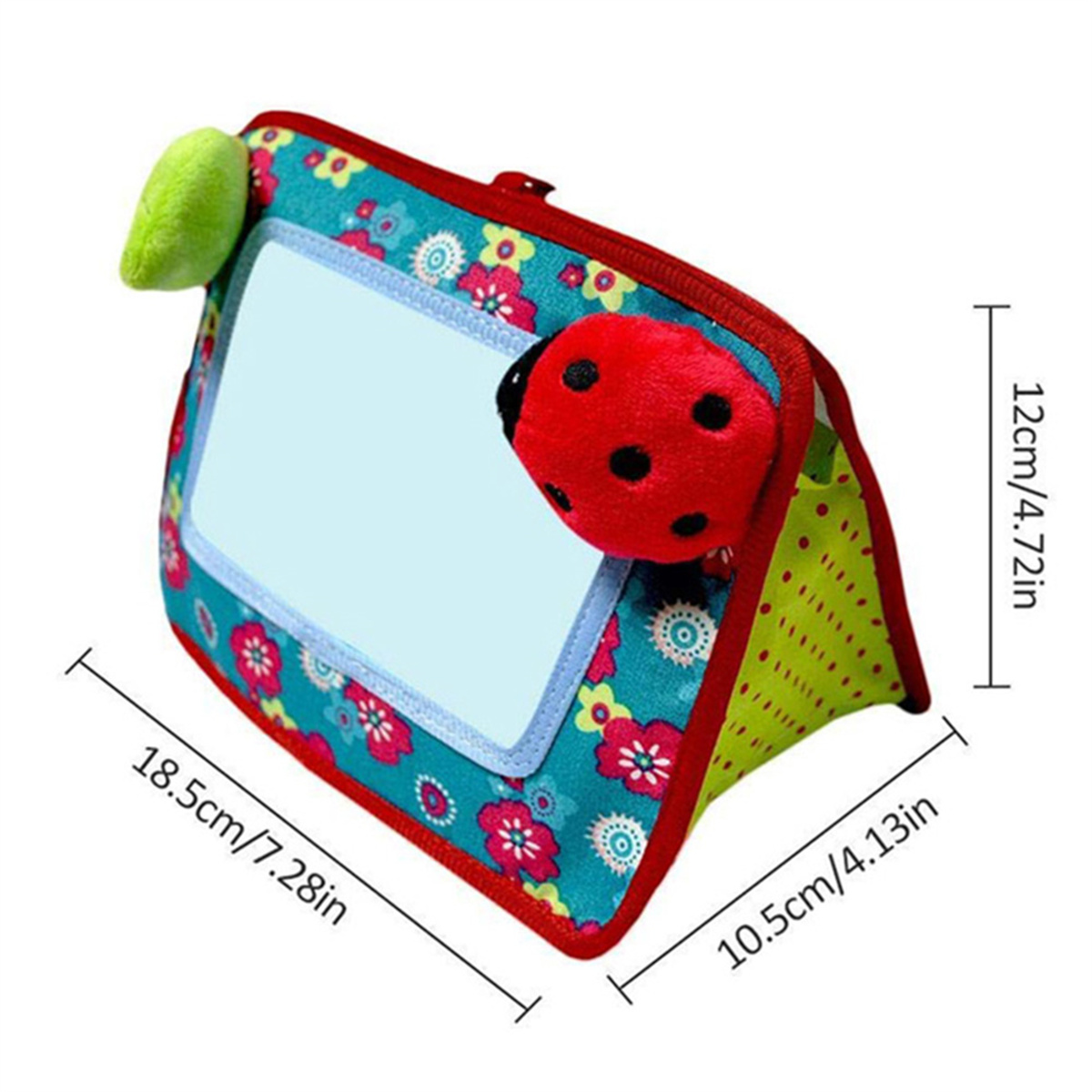 Babyspielzeugspiegel mit rotem Marienkäfer und grünem Blatt. Es ist auf weißem Hintergrund.