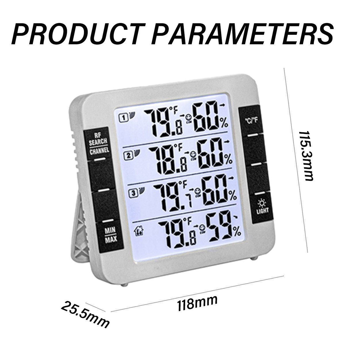 Ein weißes digitales Thermometer mit drei Bildschirmen, die Temperatur und Prozentsatz anzeigen.
