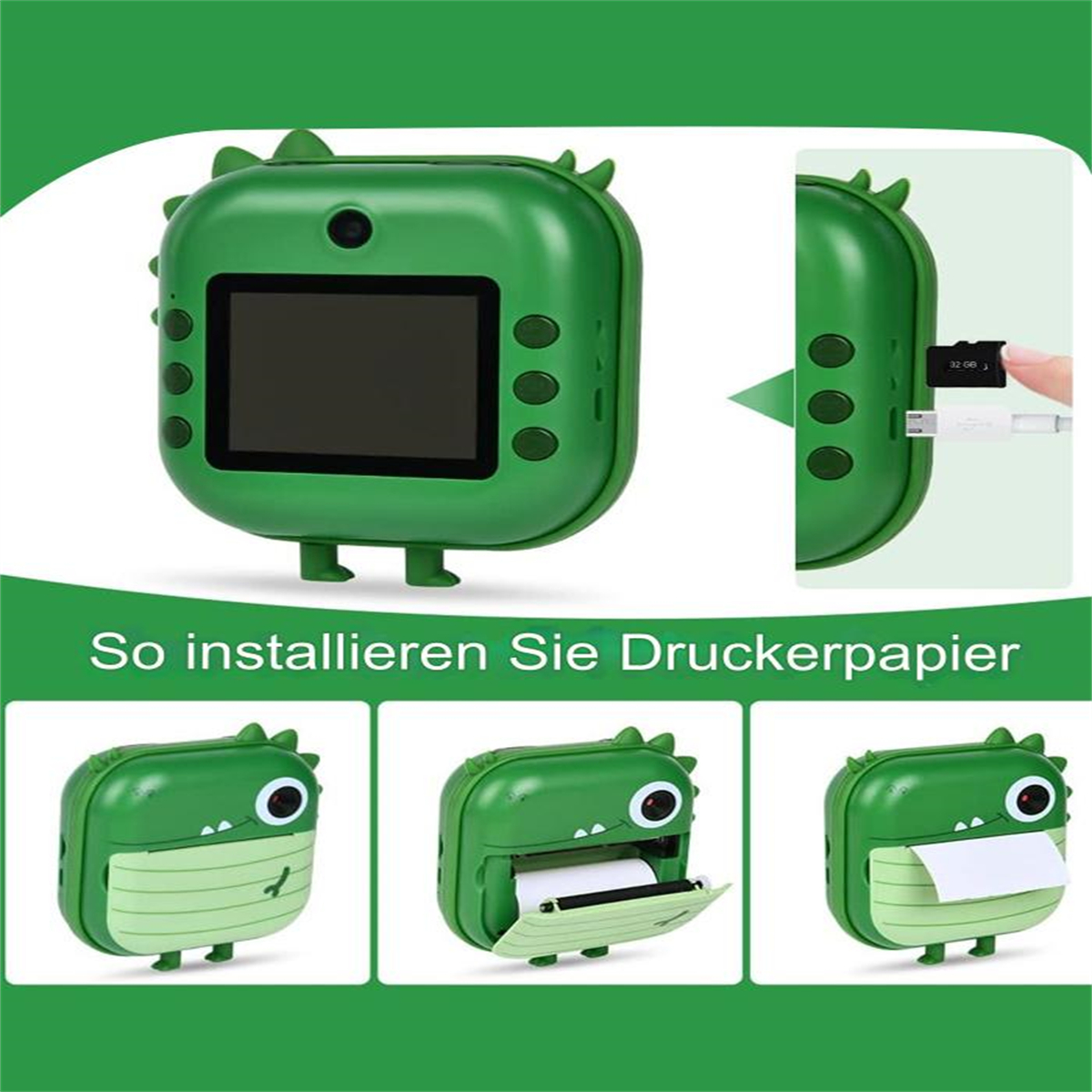 Grüner, dinosaurierförmiger Drucker. Anweisungen zur Installation des Druckerpapieres werden gezeigt.