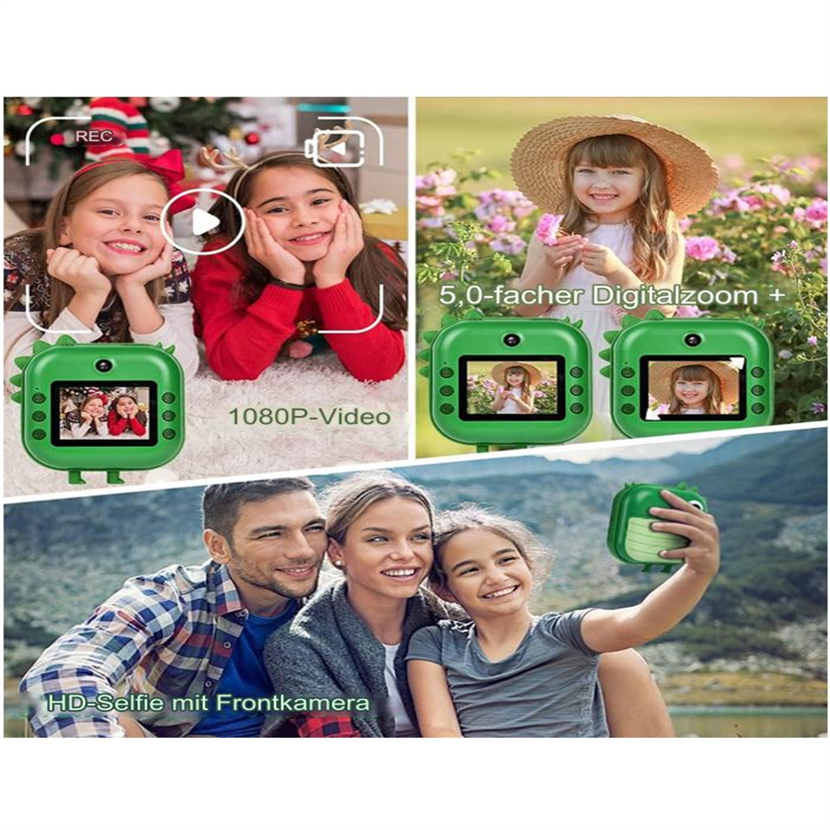 Mehrere Bilder zeigen Kinder, die eine Digitalkamera benutzen, Selfies machen und Videos aufnehmen.